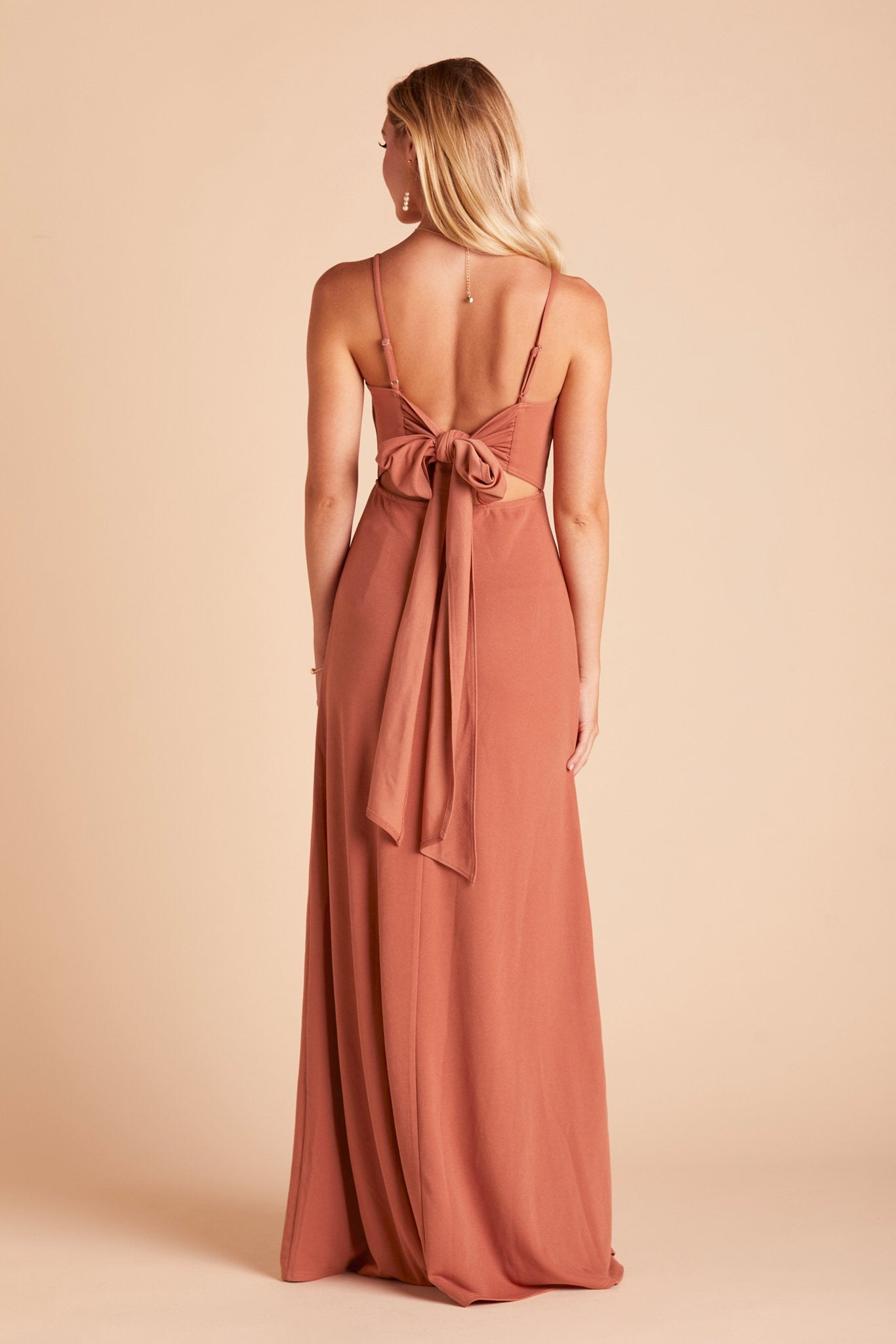Benny bridesmaid dress in terracotta crepe by Birdy Grey, back view