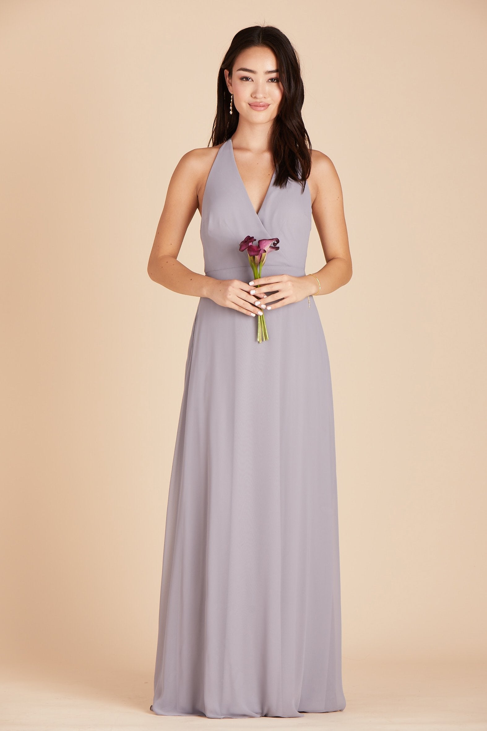 Moni convertible bridesmaids dress in silver chiffon by Birdy Grey, front view