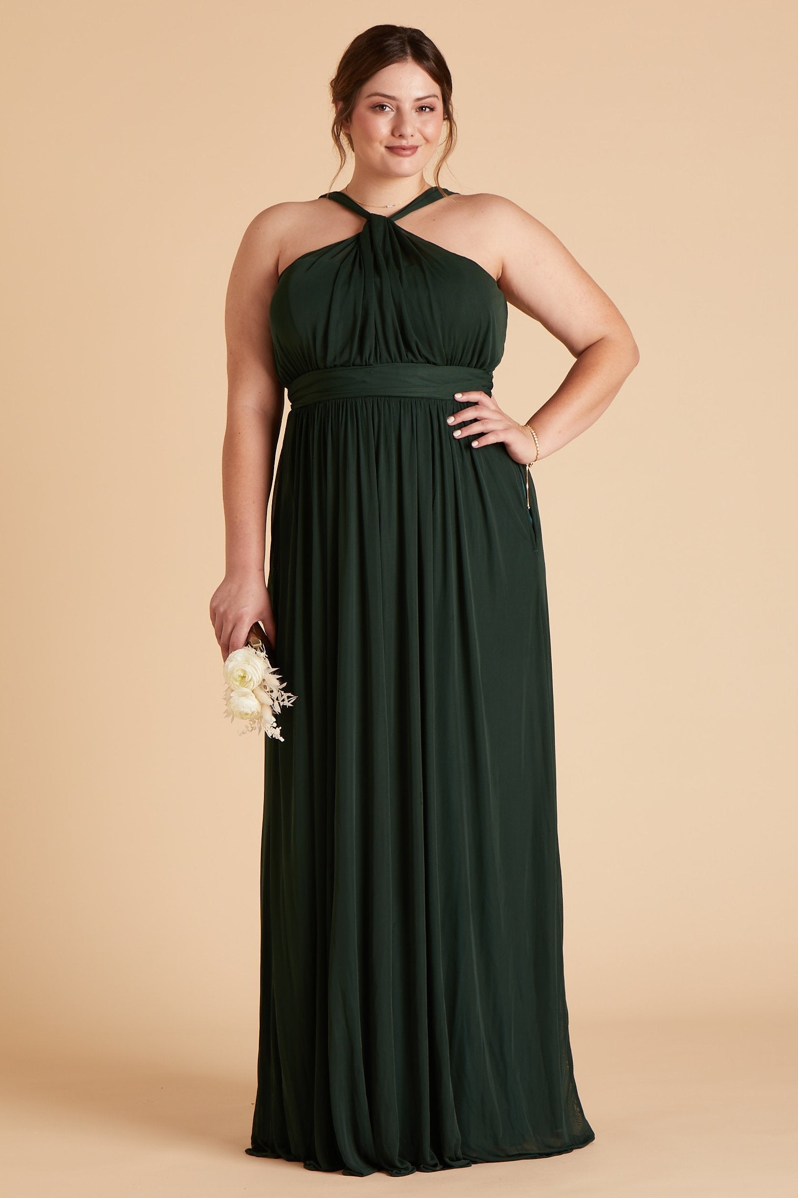 Kiko plus size bridesmaid dress in emerald green chiffon by Birdy Grey, front view