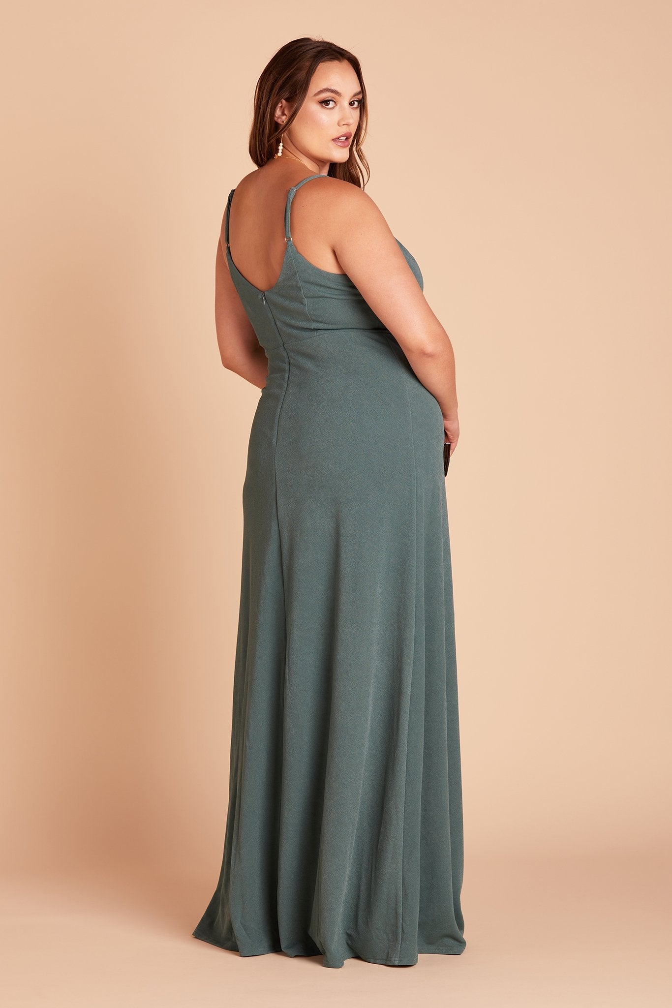 Jay plus size bridesmaid dress with slit in sea glass green crepe by Birdy Grey, side view