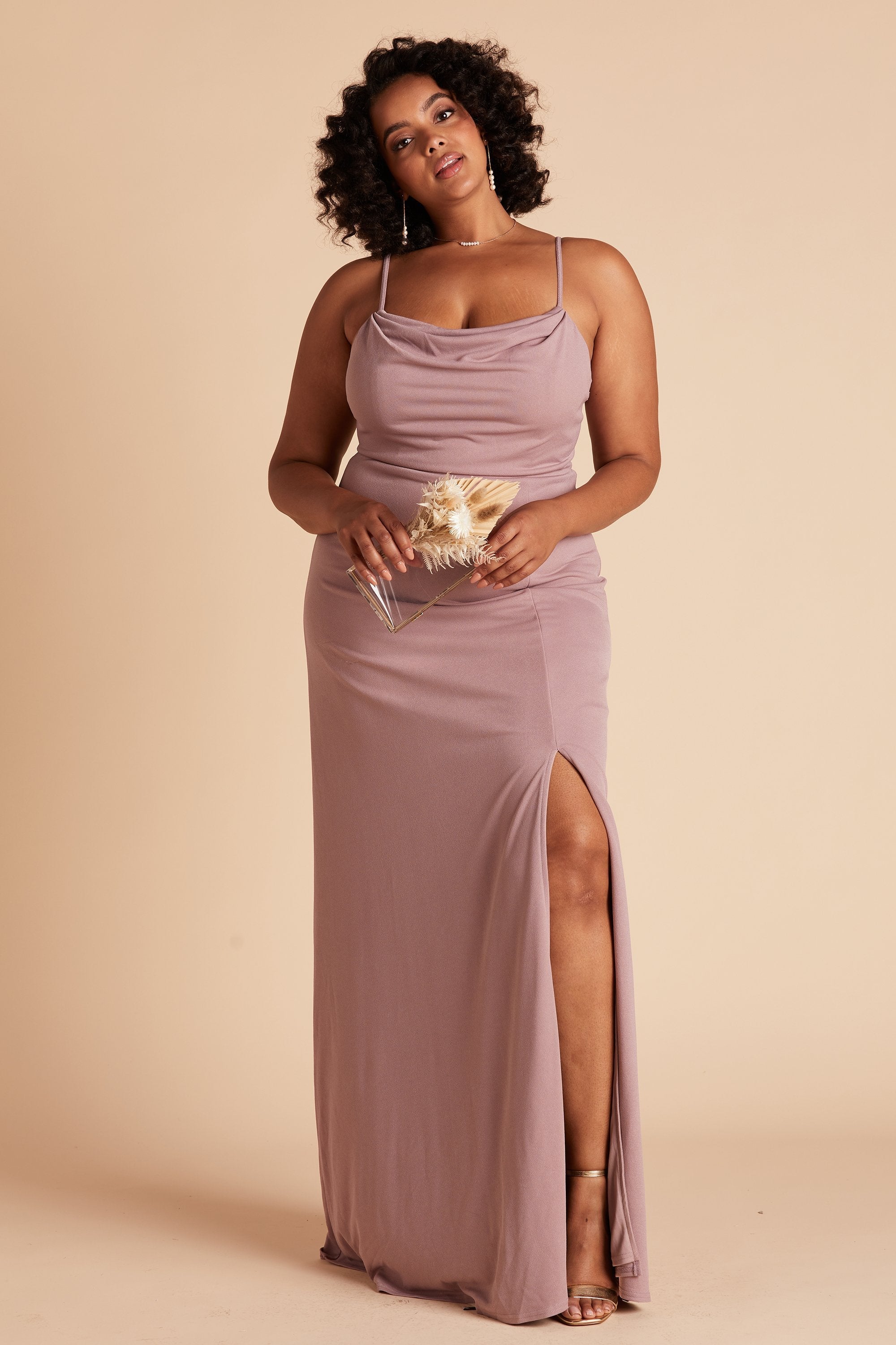 Ash plus size bridesmaid dress with slit in dark mauve crepe by Birdy Grey, front view