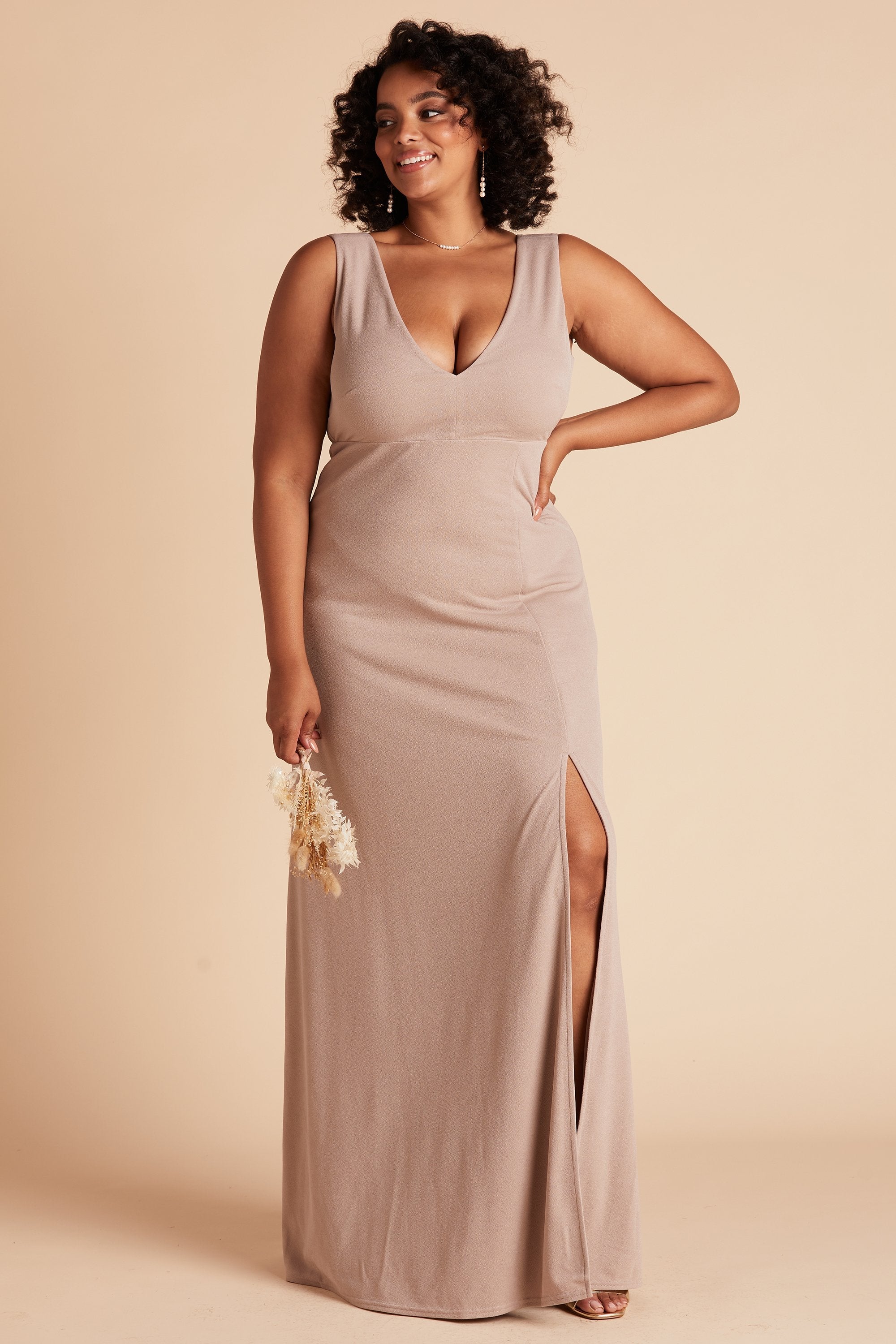 Shamin plus size bridesmaid dress with slit in taupe crepe by Birdy Grey, front view