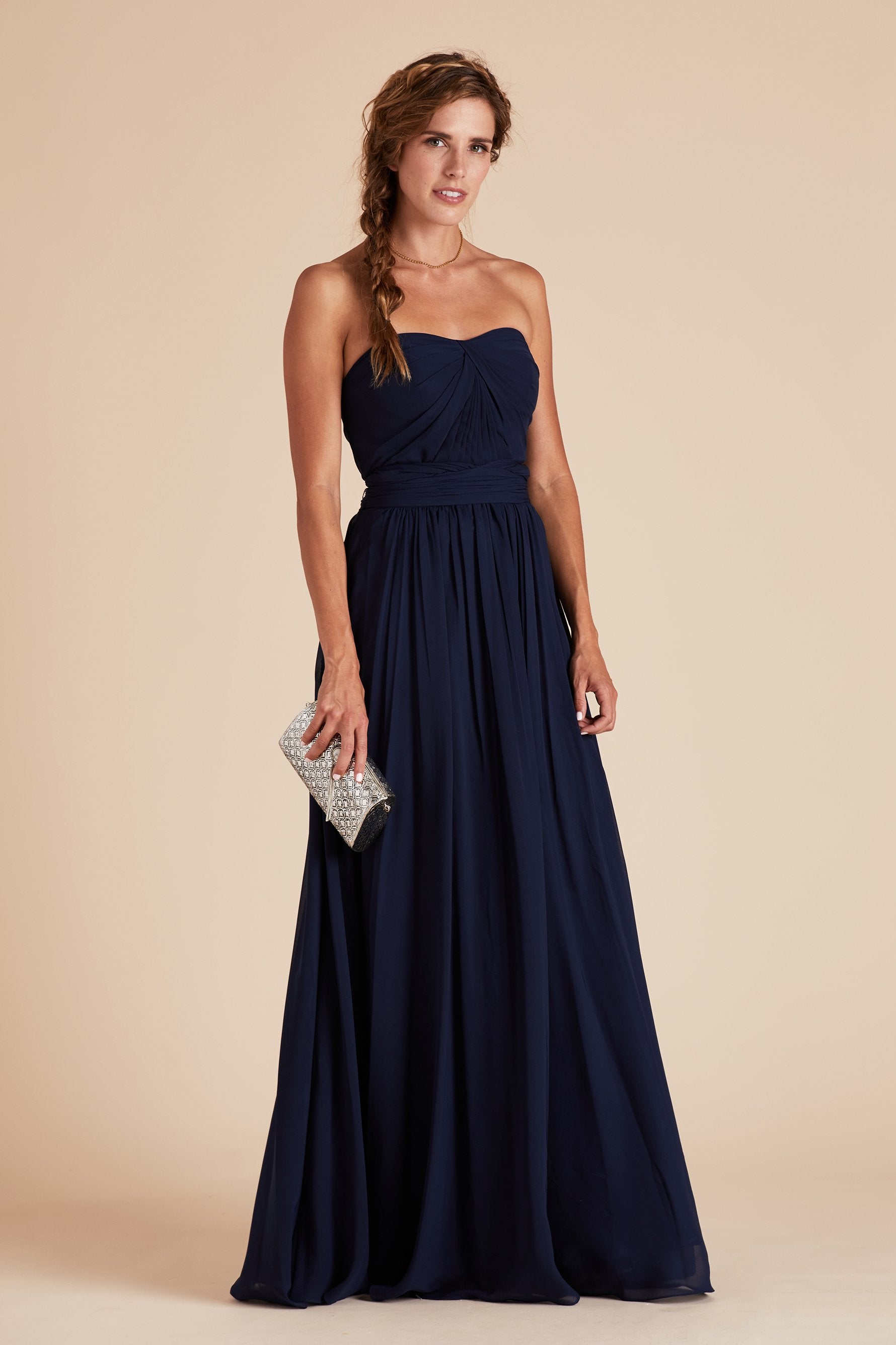 Grace convertible bridesmaid dress in navy blue chiffon by Birdy Grey, side view