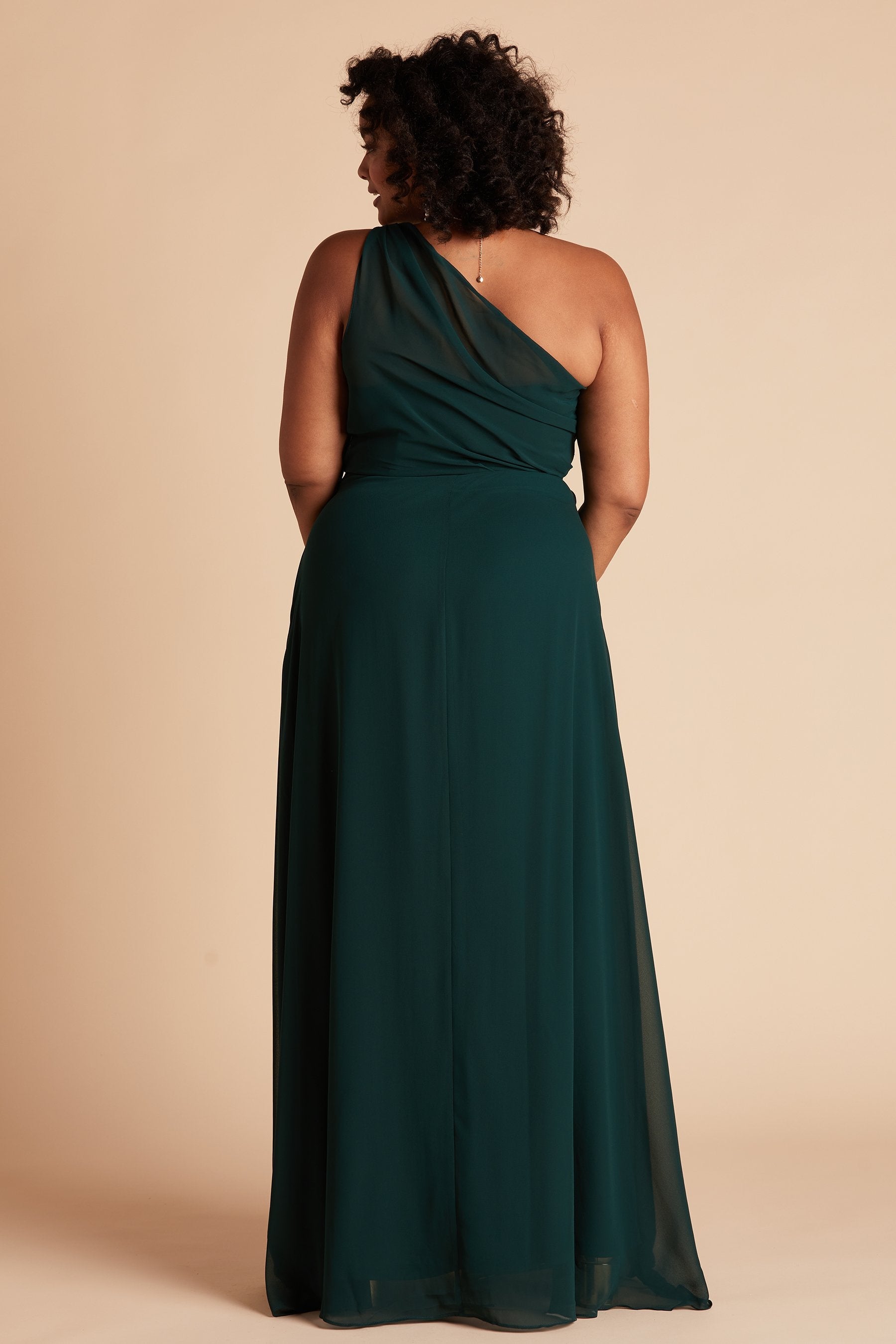 Kira plus size bridesmaid dress in emerald chiffon by Birdy Grey, back view