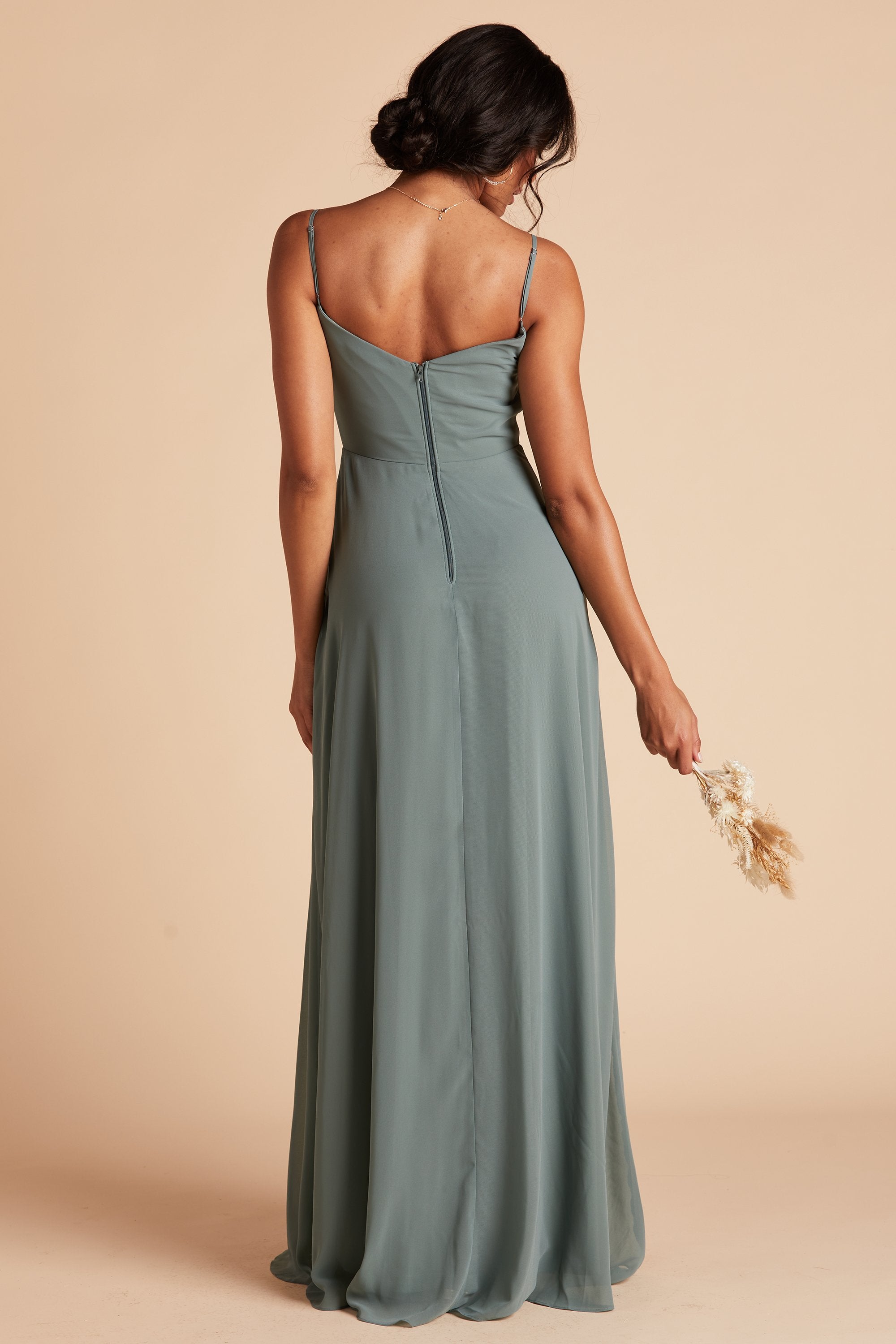 Devin convertible bridesmaids dress in sea glass green chiffon by Birdy Grey, back view