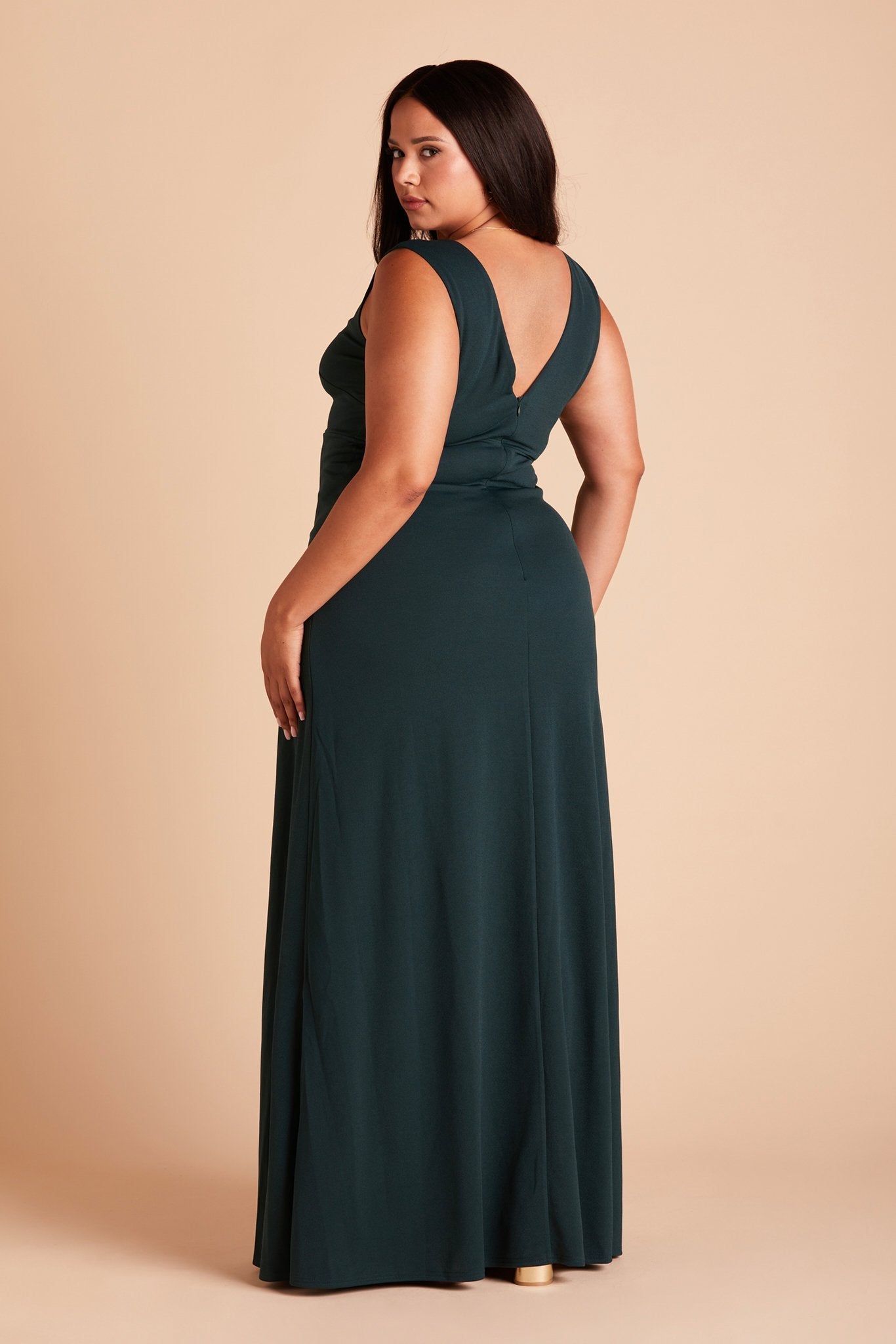 Shamin plus size bridesmaid dress with slit in emerald green chiffon by Birdy Grey, back view
