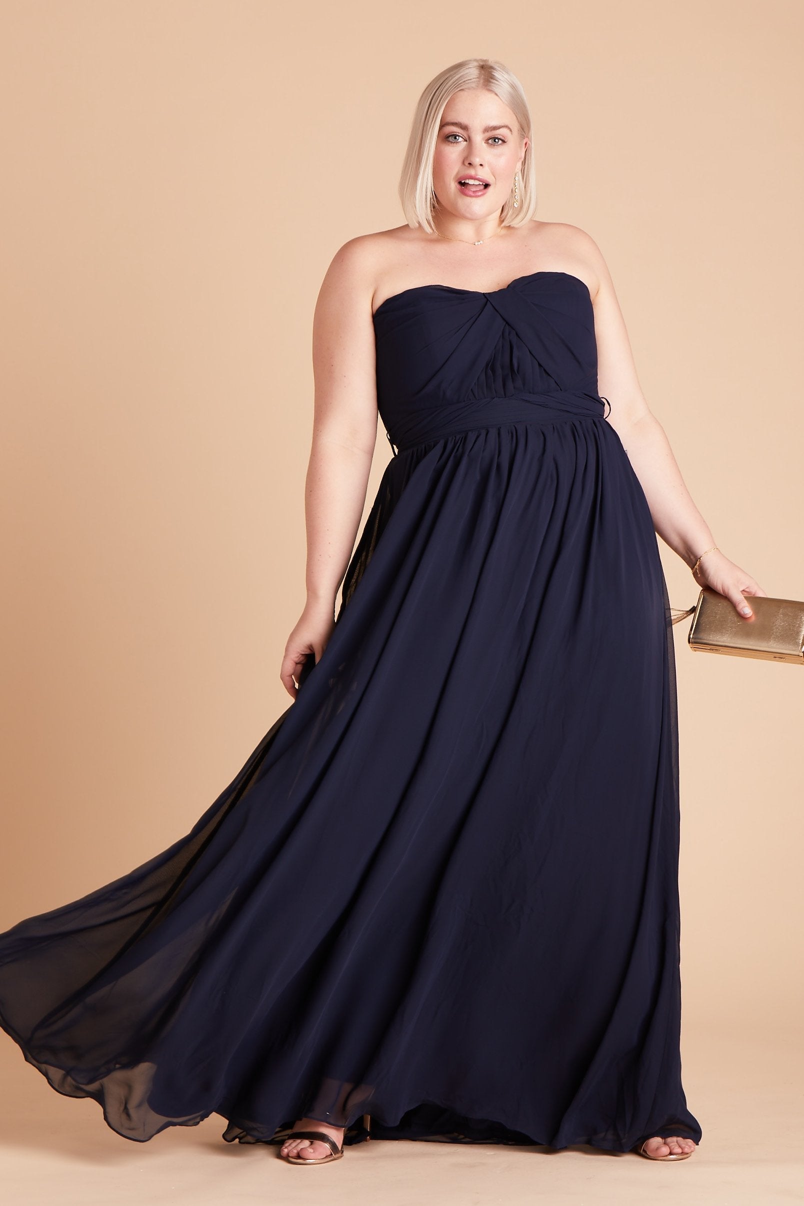 Grace convertible plus size bridesmaid dress in navy blue chiffon by Birdy Grey, front view