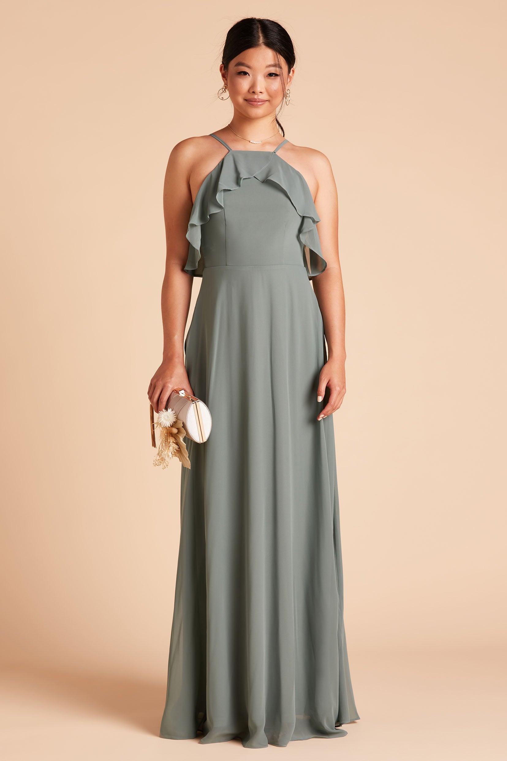 Jules bridesmaid dress in sea glass green chiffon by Birdy Grey, front view
