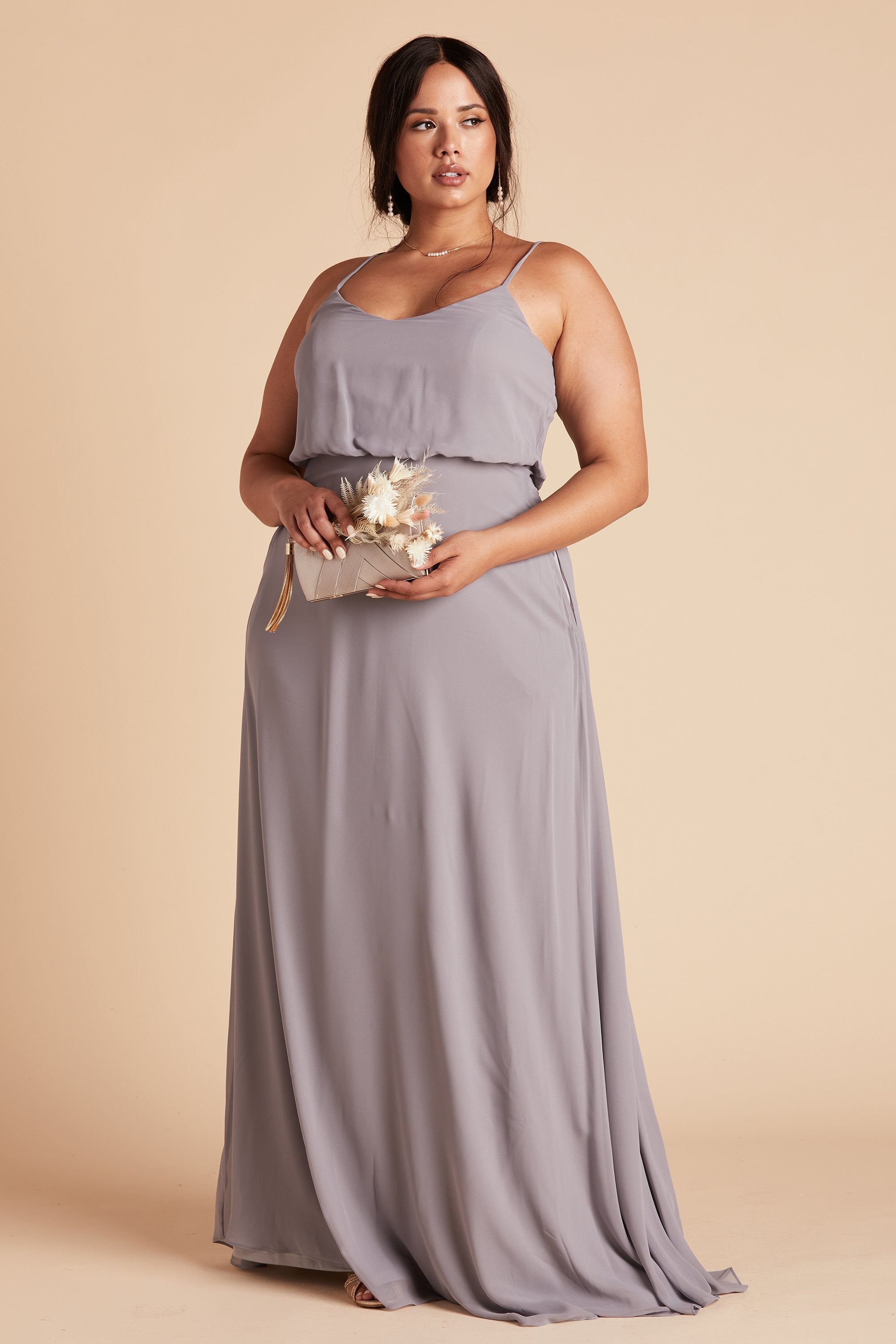 Gwennie plus size bridesmaid dress in silver chiffon by Birdy Grey, front view
