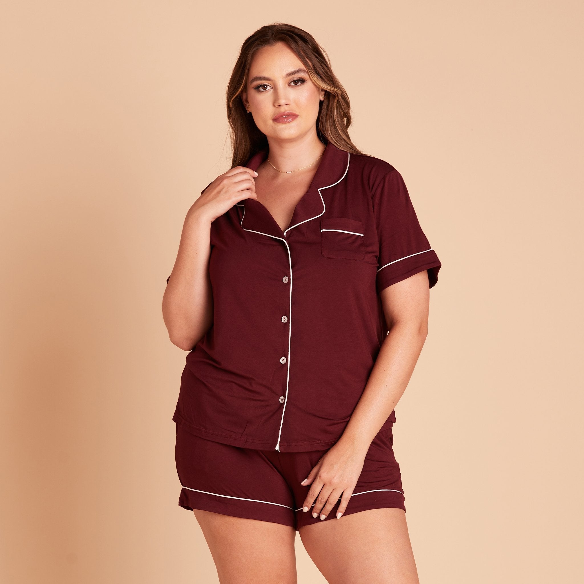 Jonny Plus Size Short Sleeve Pajama Set With White Piping in cabernet burgundy, front view