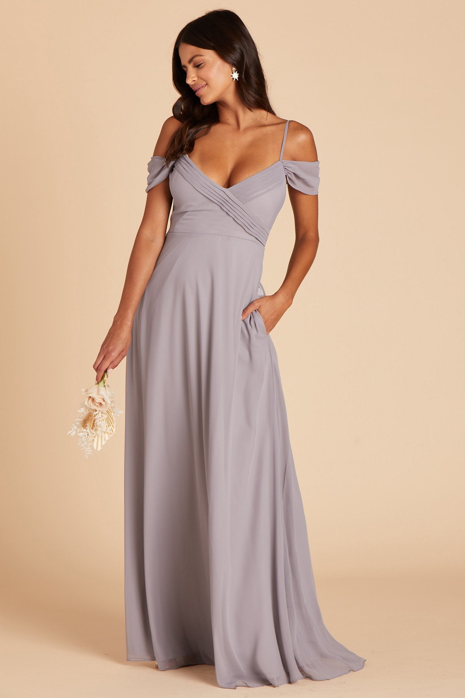 Spence convertible bridesmaids dress in silver chiffon by Birdy Grey, front view with hand in pocket