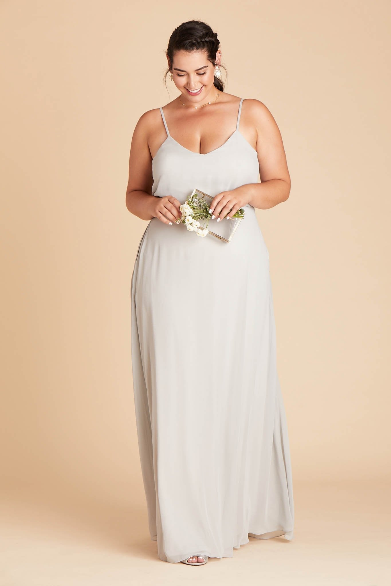 Gwennie plus size bridesmaid dress in dove gray chiffon by Birdy Grey, front view
