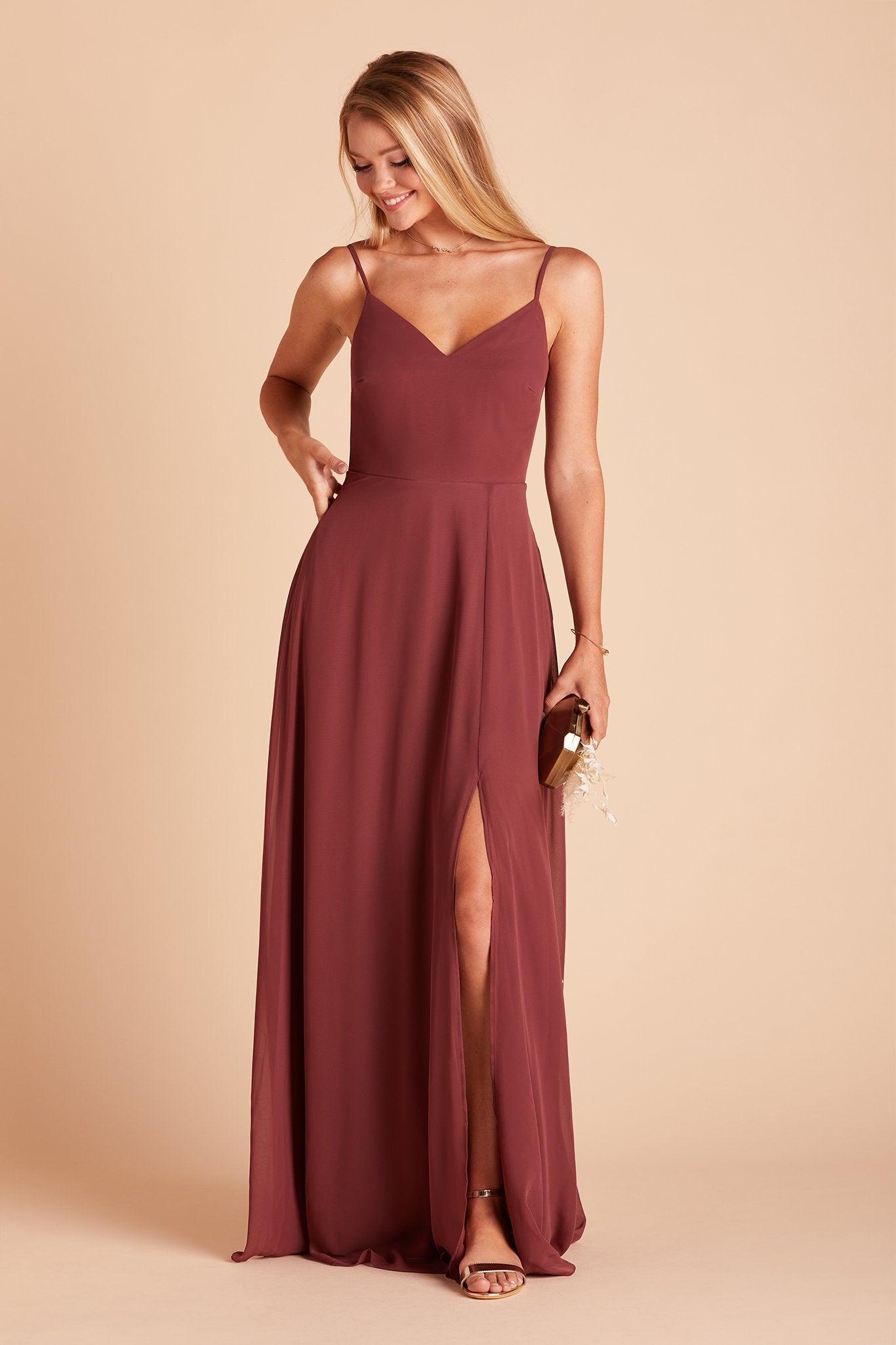 Devin convertible bridesmaids dress with slit in rosewood chiffon by Birdy Grey, front view