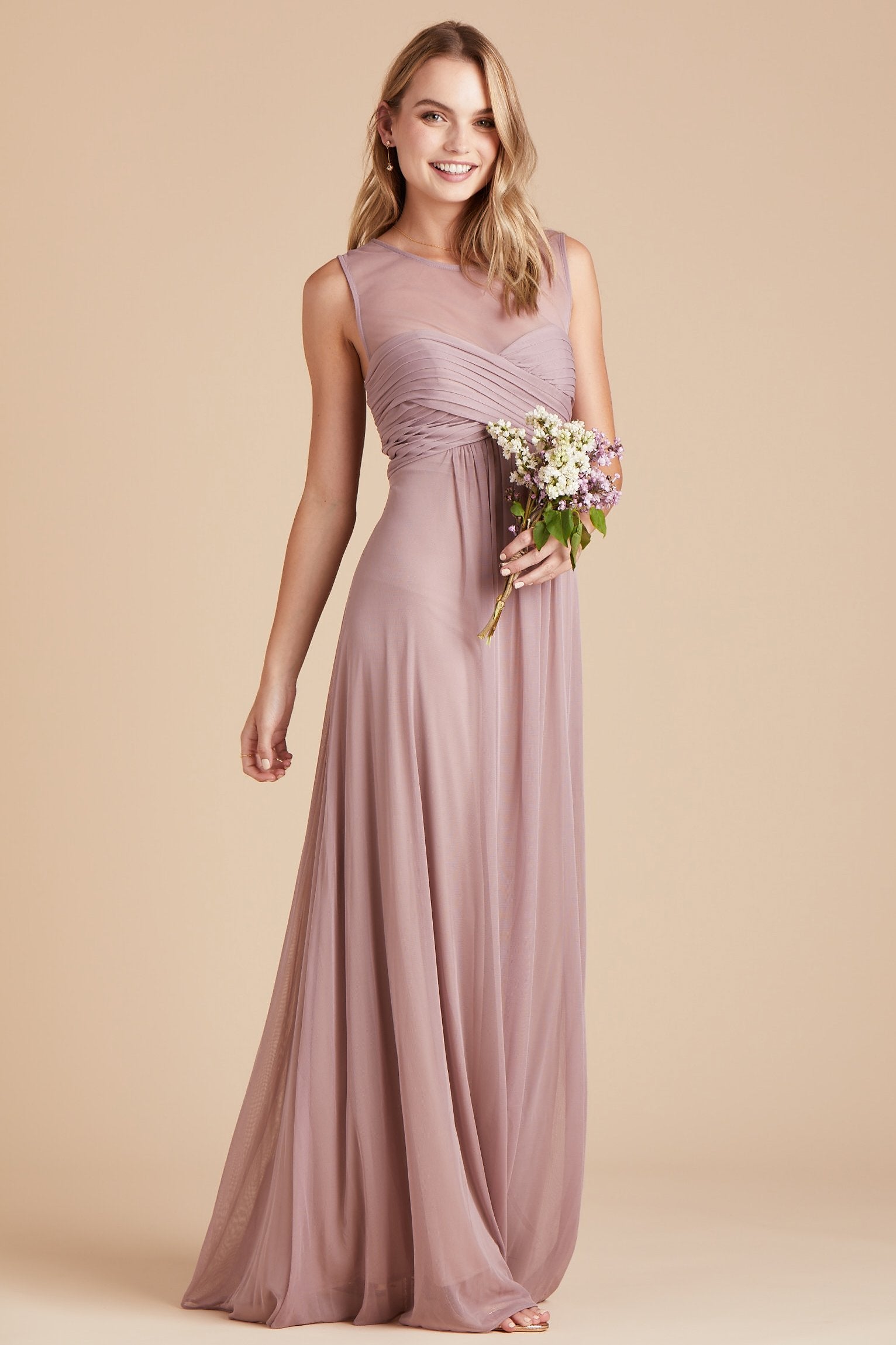 Ryan bridesmaid dress in mauve chiffon by Birdy Grey, front view