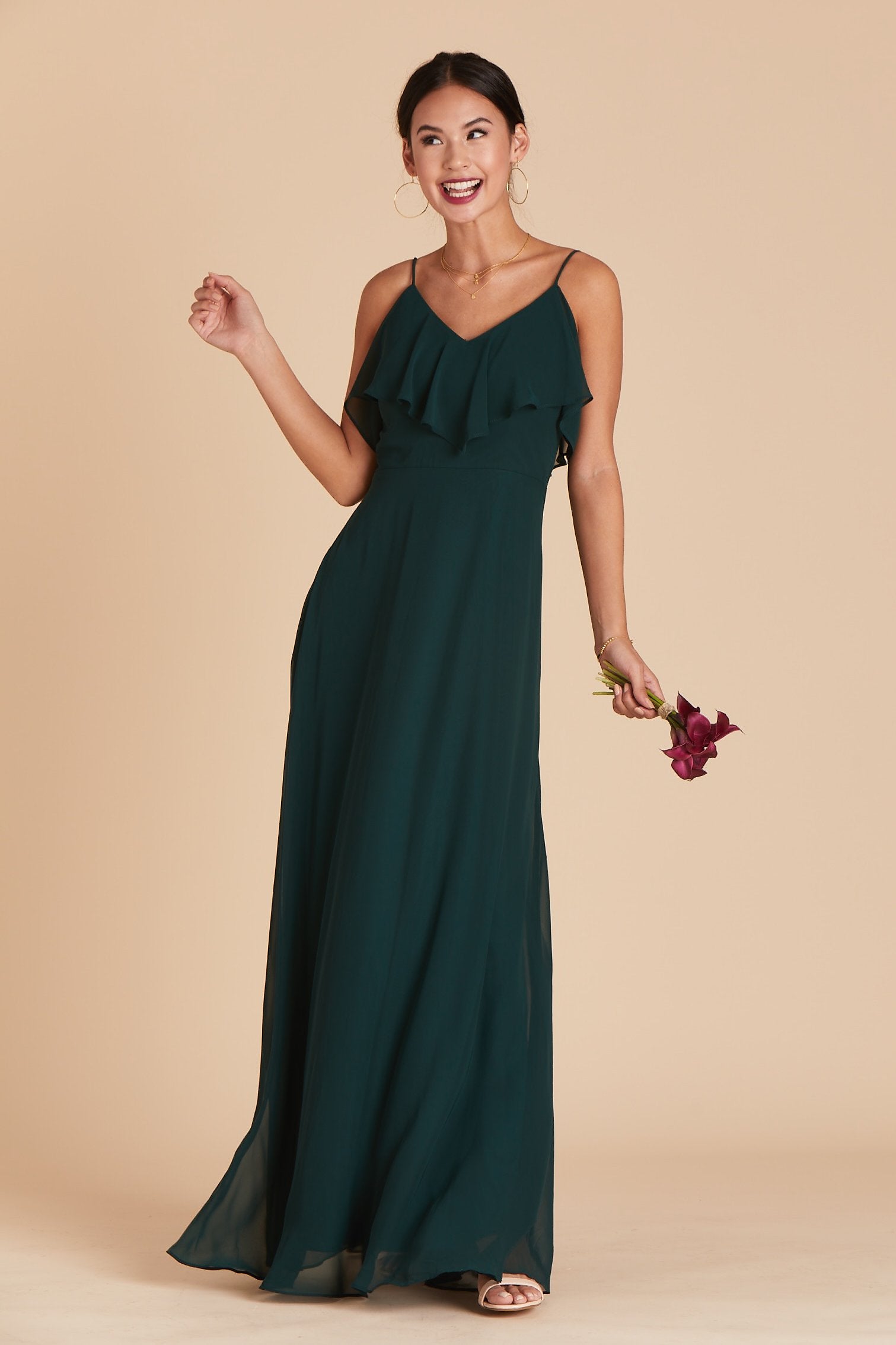Jane convertible bridesmaid dress in emerald green chiffon by Birdy Grey, front view