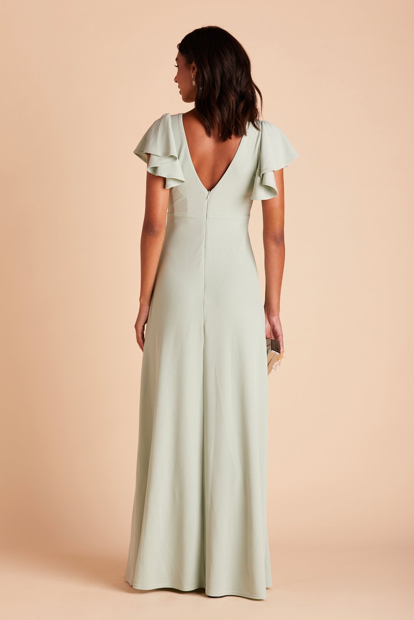 Hannah bridesmaid dress with slit in sage green crepe by Birdy Grey, back view