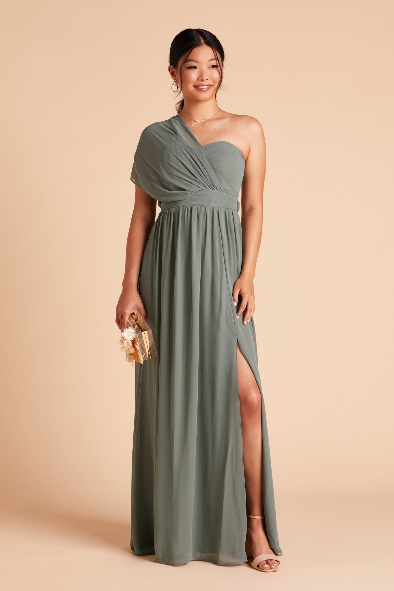 Front view of the floor-length Grace Convertible Bridesmaid Dress in sea glass chiffon is paired with the Natalie Chunky Heel by Birdy Grey in nude latte.