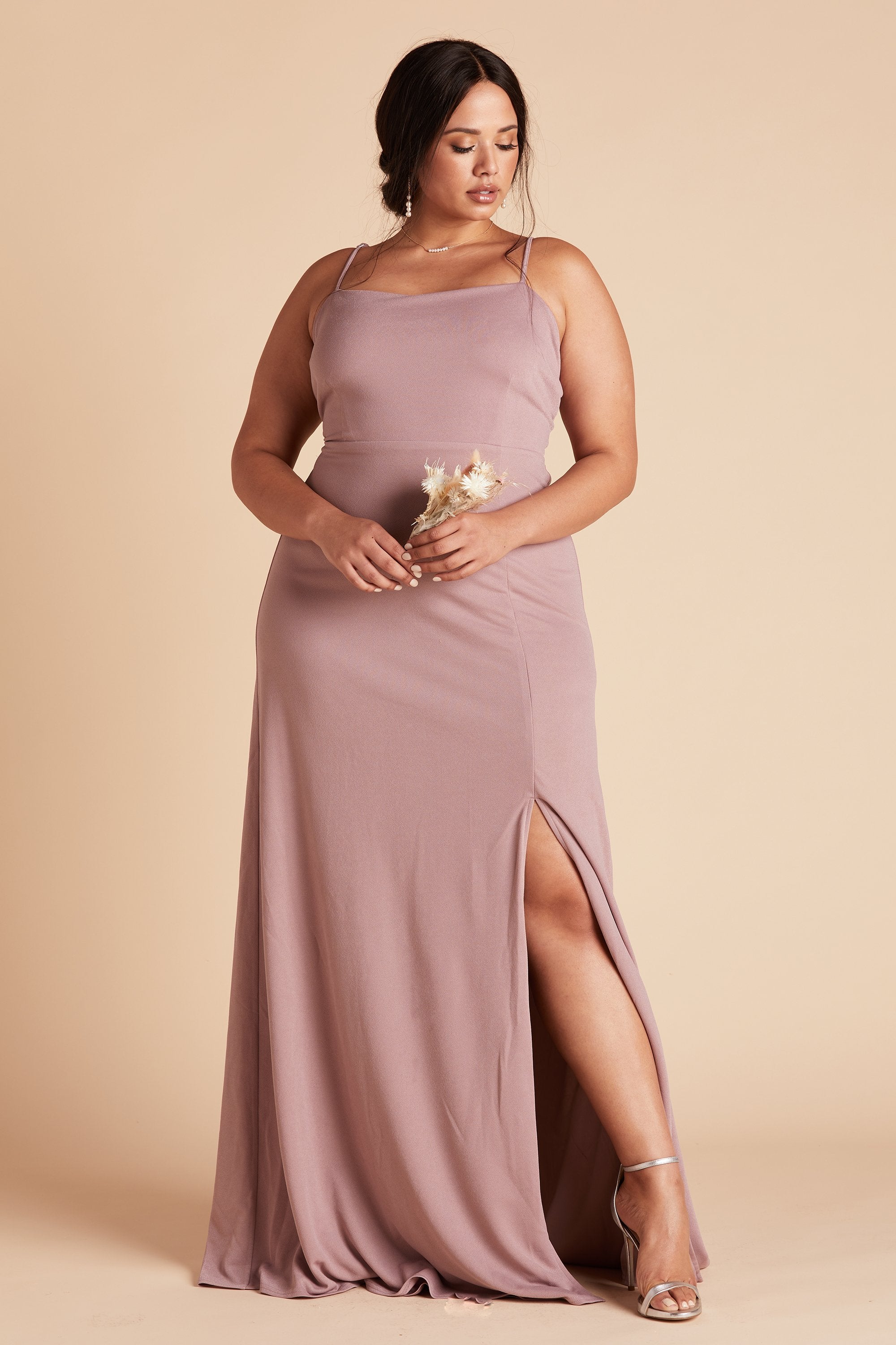 Benny plus size bridesmaid dress with slit in dark mauve crepe by Birdy Grey, front view