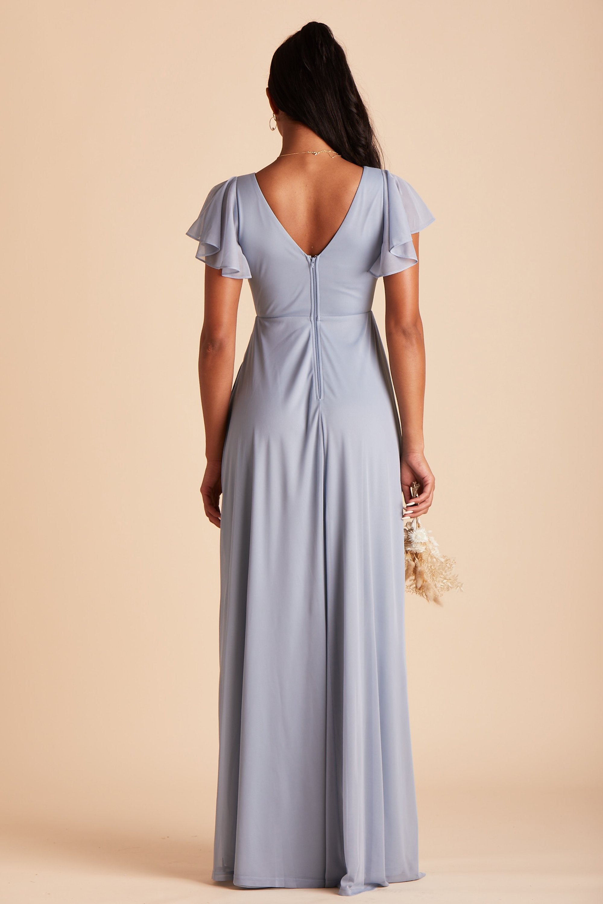 Hannah bridesmaids dress in dusty blue mesh by Birdy Grey, back view