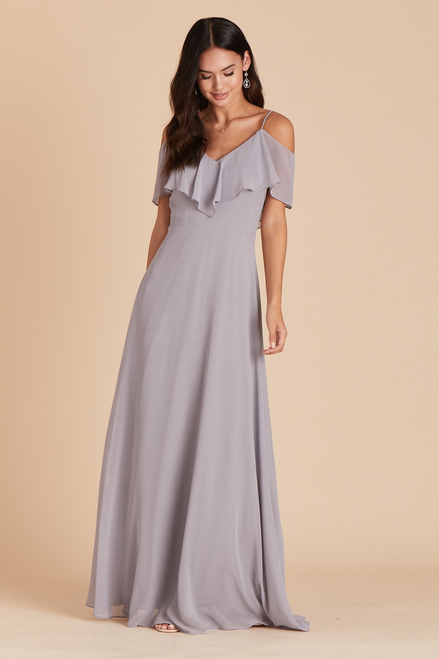 Jane convertible bridesmaid dress in silver chiffon by Birdy Grey, front view