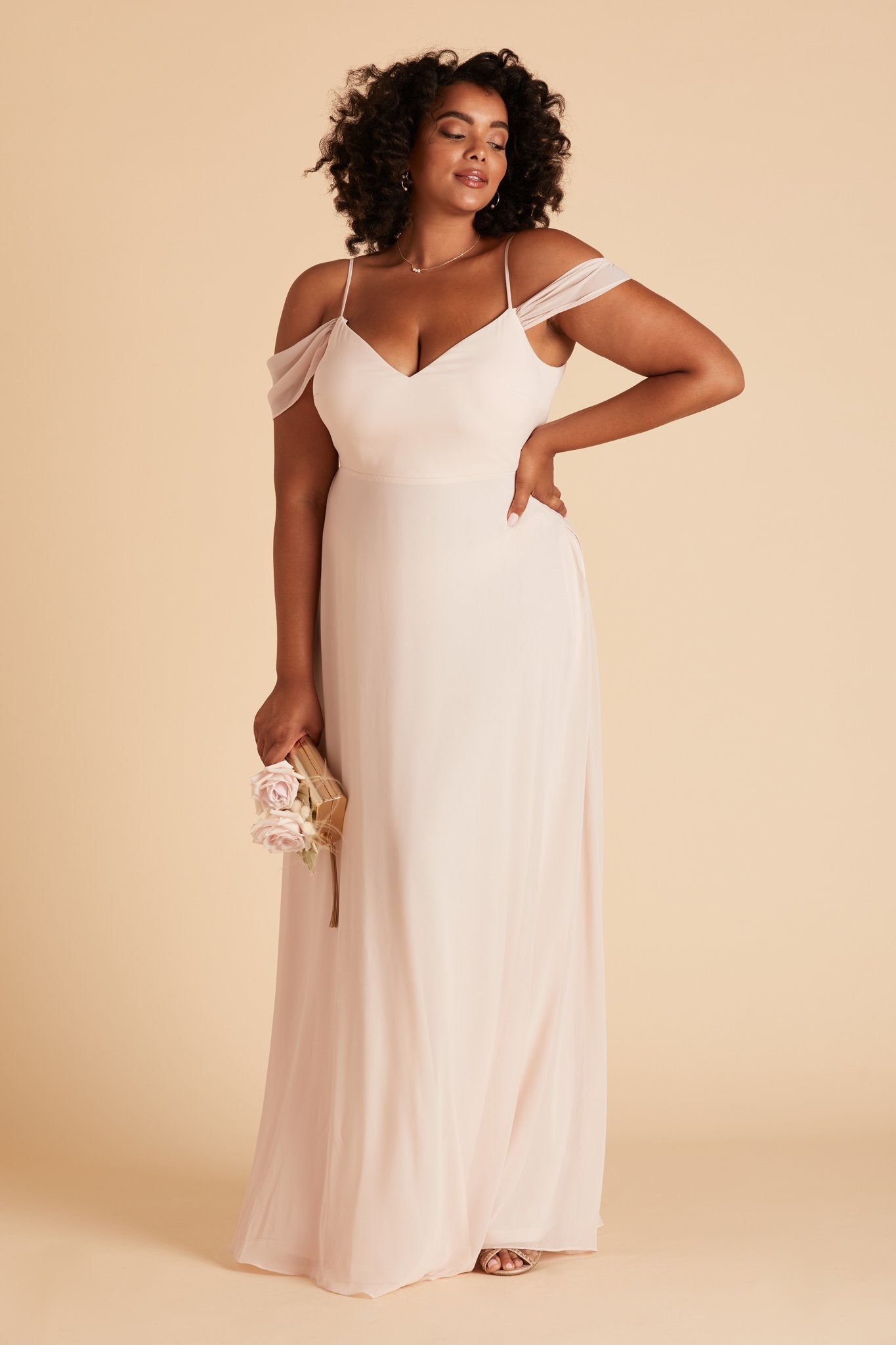 Devin convertible plus size bridesmaids dress in pale blush chiffon by Birdy Grey, front view