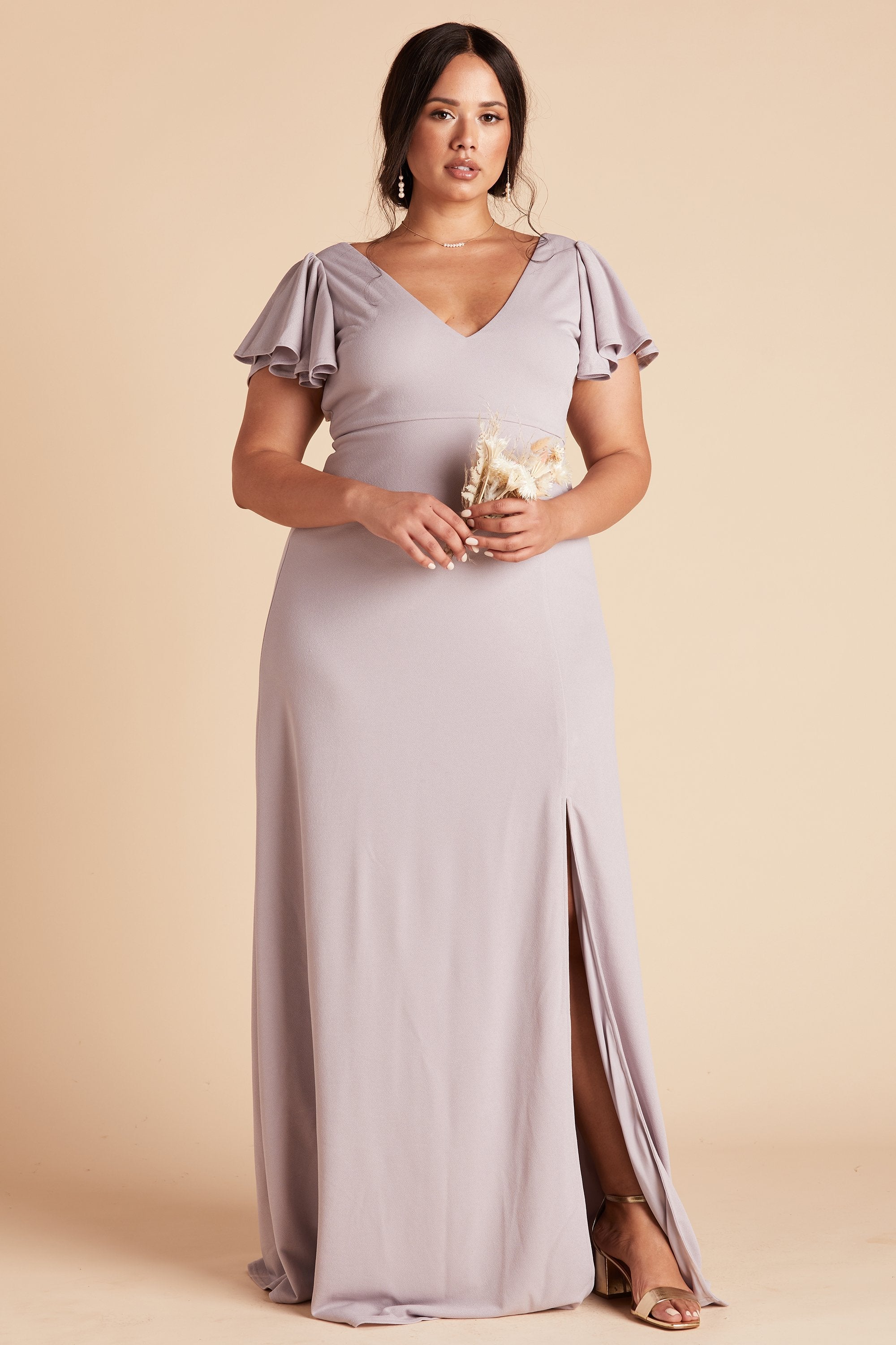 Hannah plus size bridesmaid dress with slit in lilac purple crepe by Birdy Grey, front view