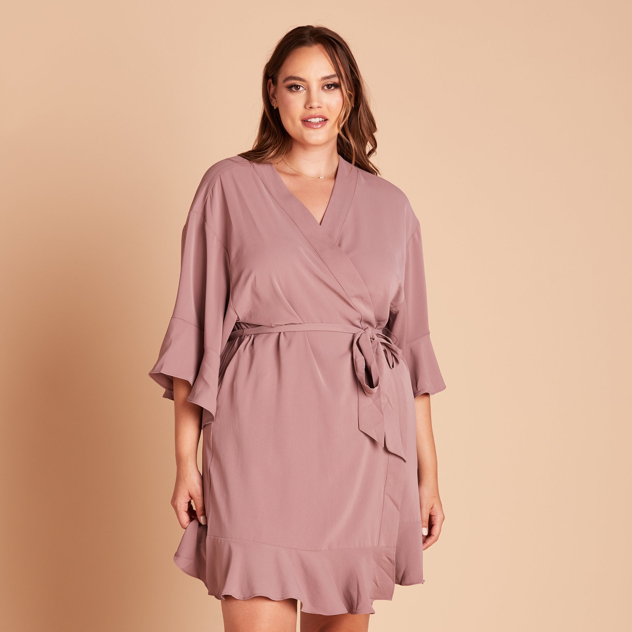 Kenny Ruffle Robe in dark mauve by Birdy Grey, front view