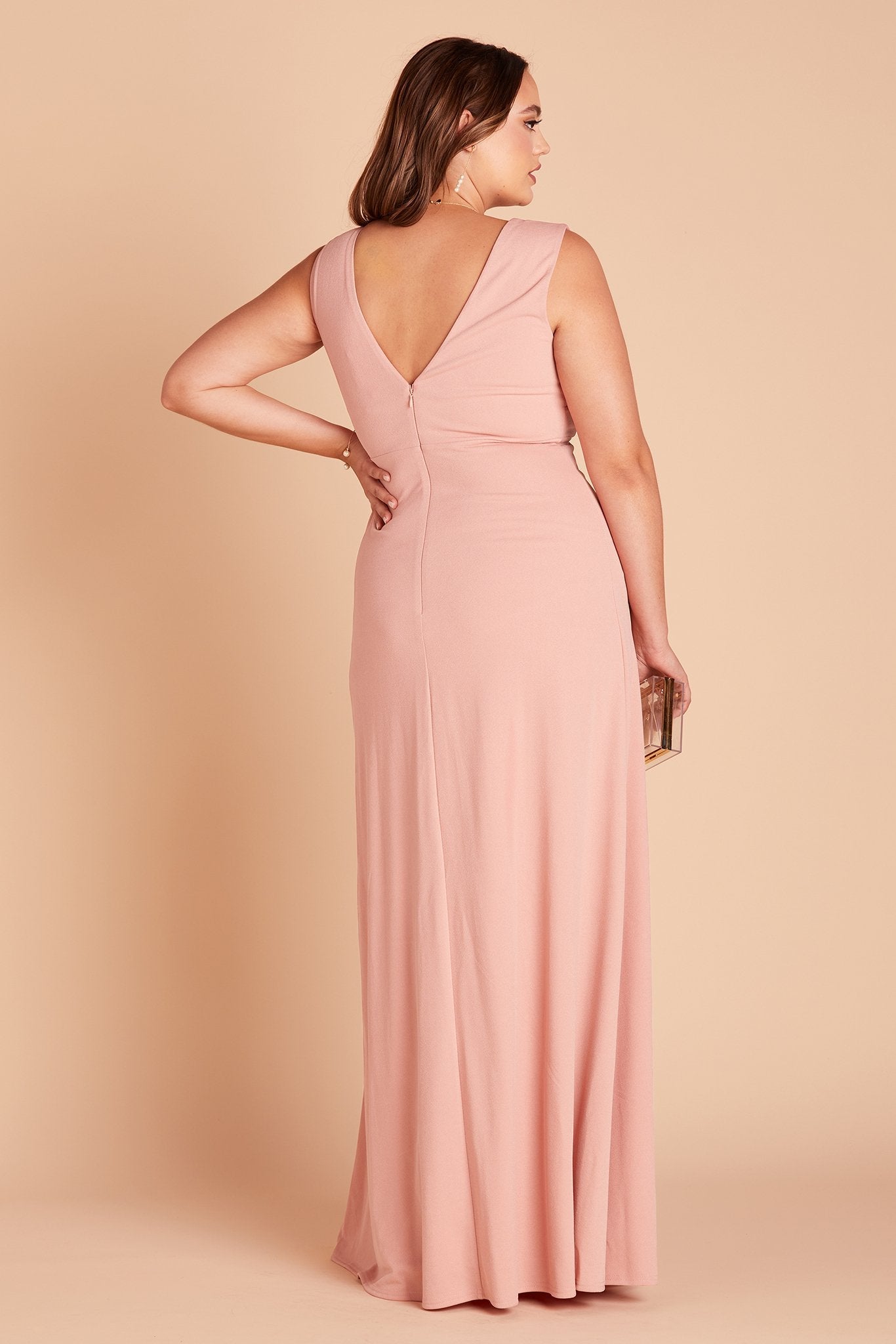 Shamin plus size bridesmaid dress in rose quartz crepe by Birdy Grey, back view