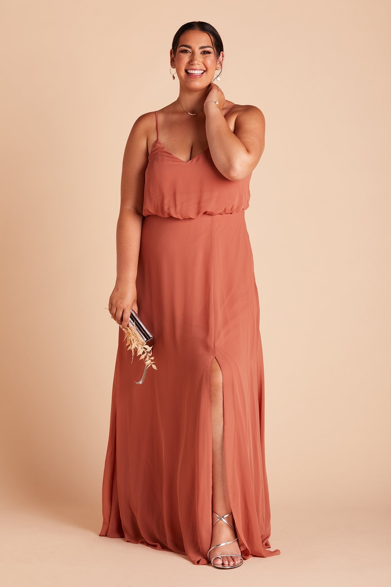 Gwennie plus size bridesmaid dress with slit in terracotta chiffon by Birdy Grey, front view