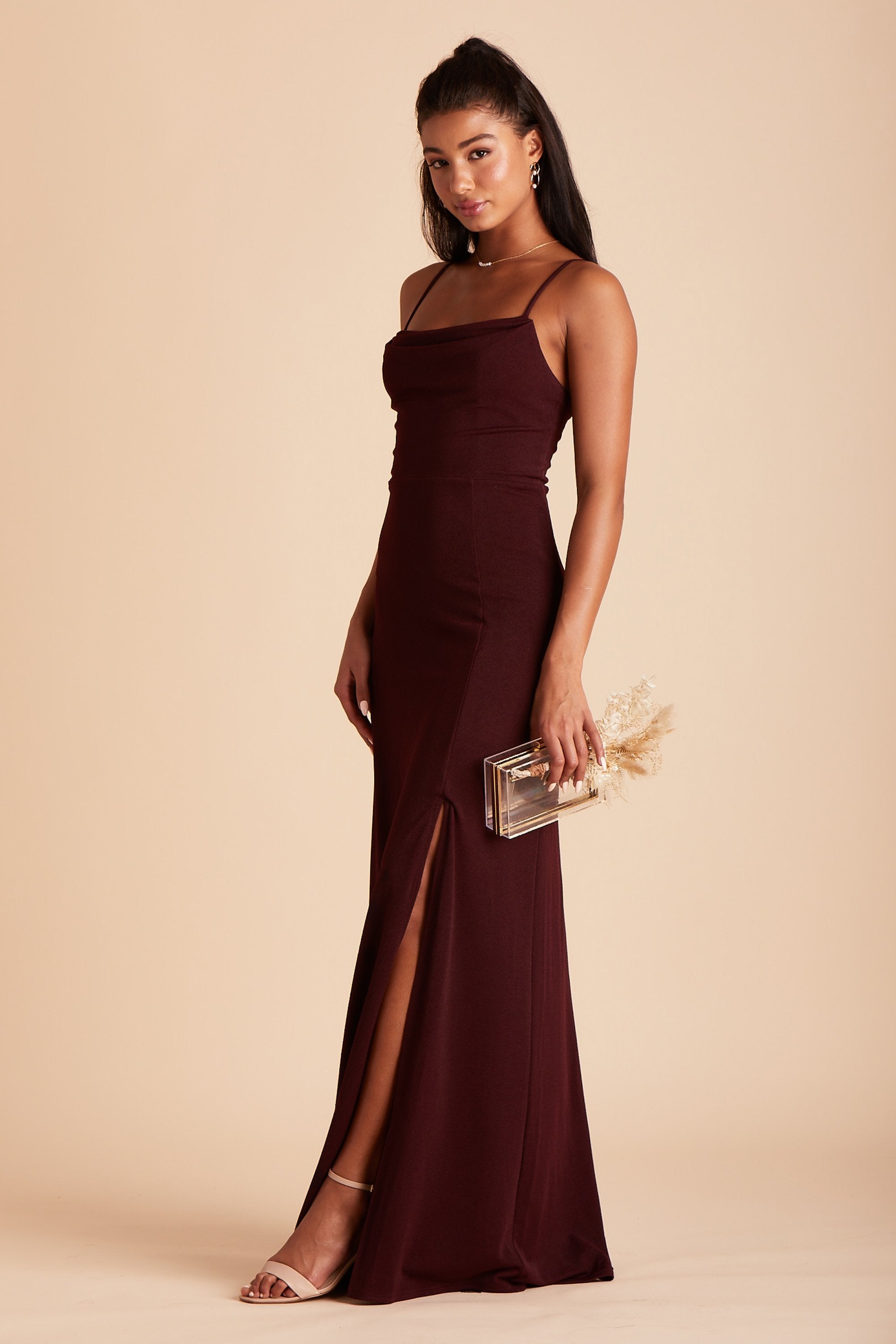 Ash bridesmaid dress with slit in cabernet burgundy crepe by Birdy Grey, side view