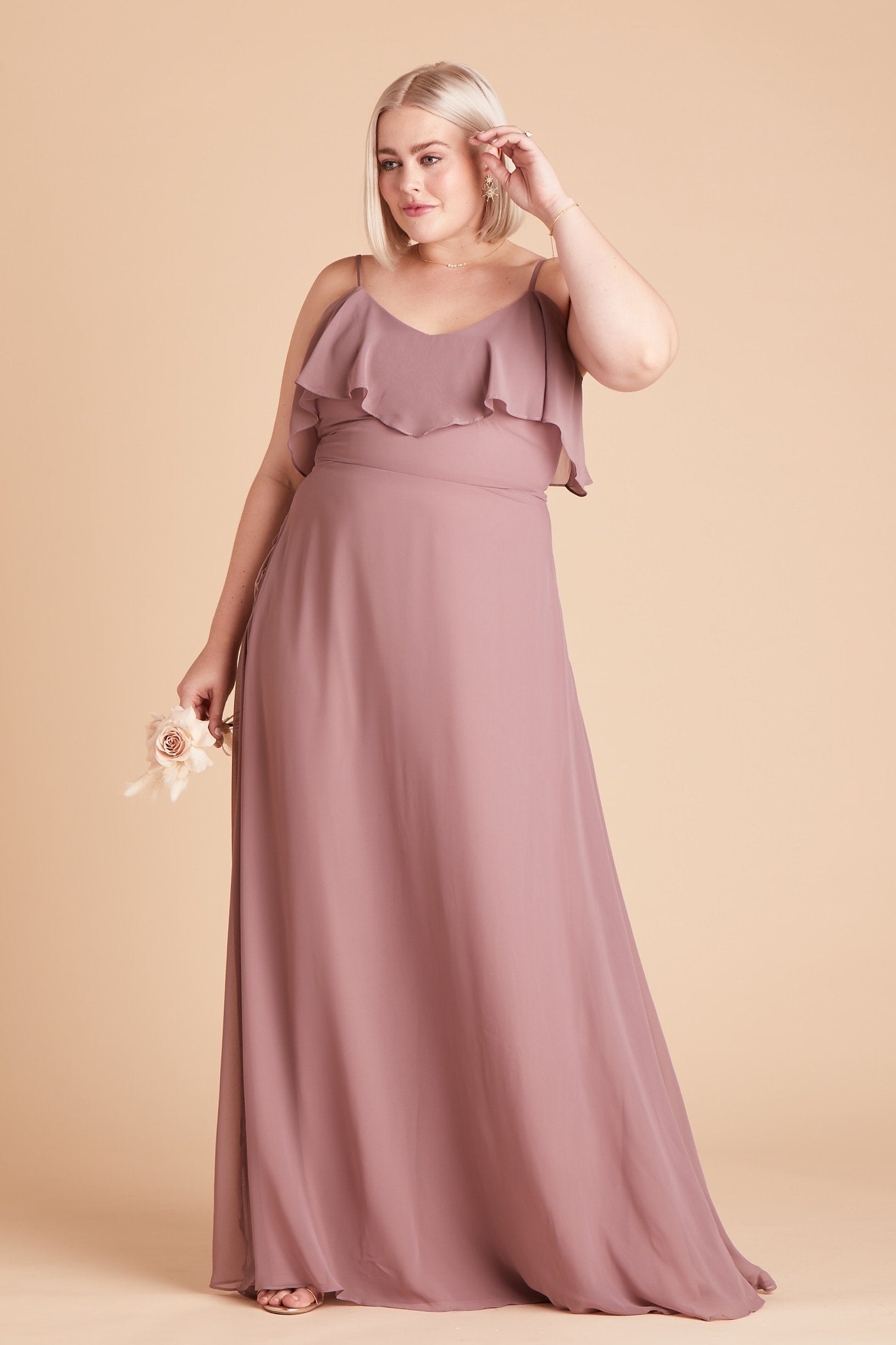 Jane convertible plus size bridesmaid dress in dark mauve chiffon by Birdy Grey, front view