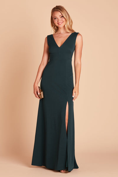 Shamin bridesmaid dress with slit in emerald green crepe by Birdy Grey, front view