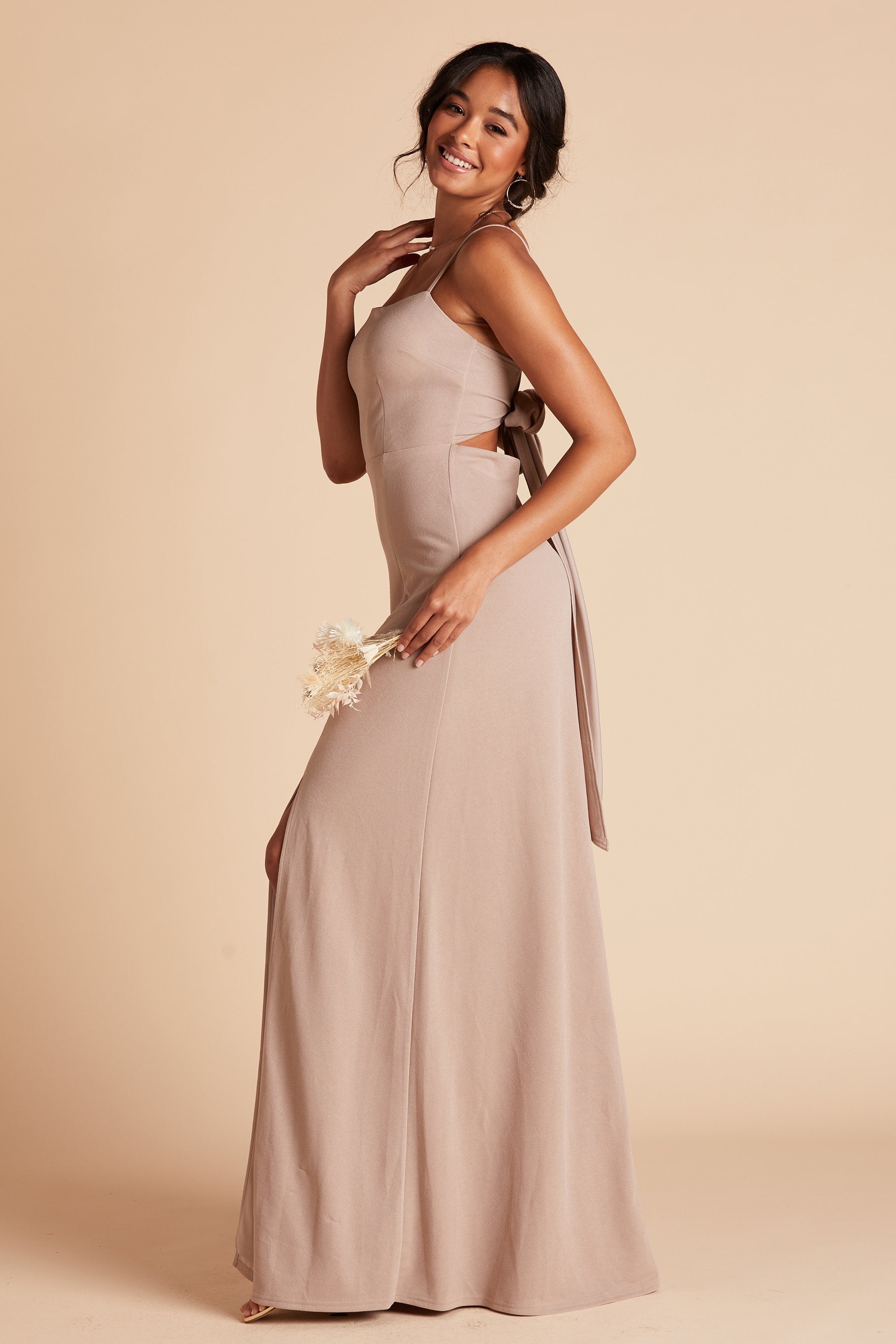 Benny bridesmaid dress with slit in taupe crepe by Birdy Grey, side view