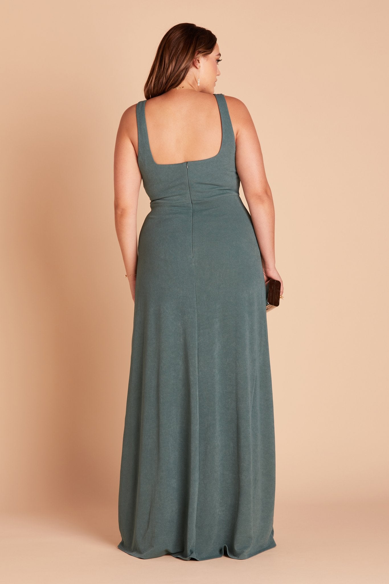Alex convertible plus size bridesmaid dress with slit in sea glass green crepe by Birdy Grey, back view