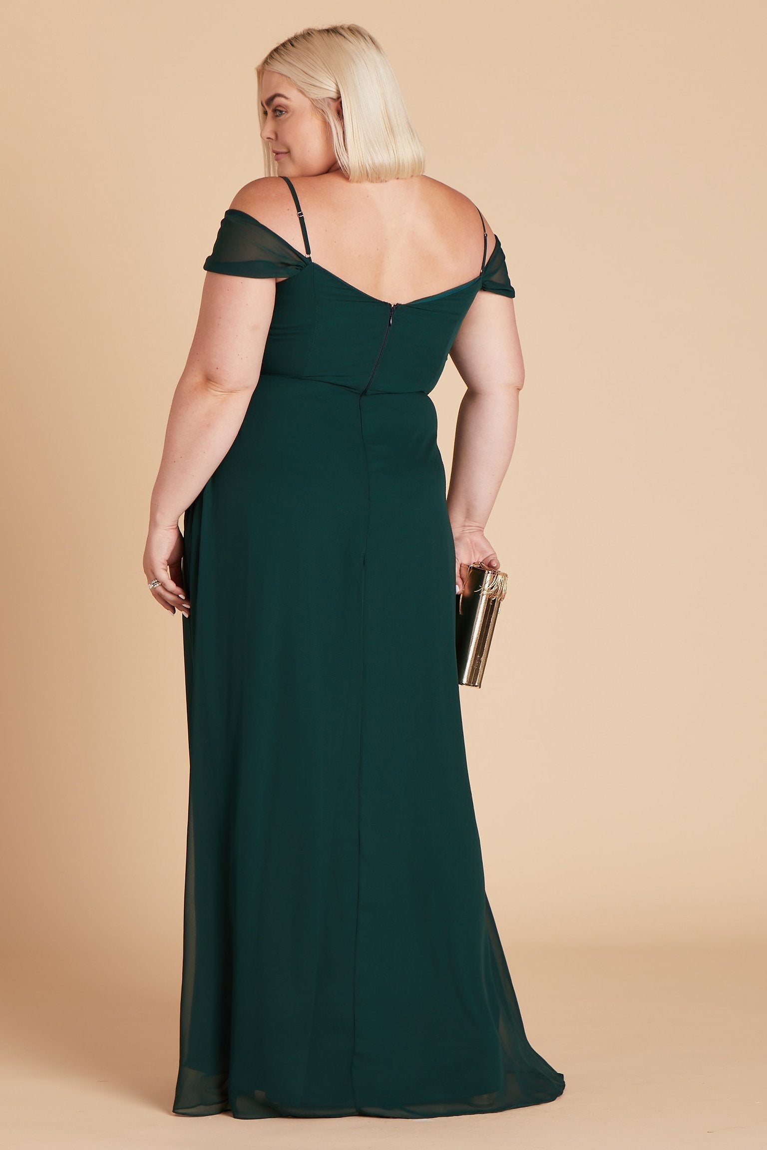 Spence convertible plus size bridesmaid dress in emerald green chiffon by Birdy Grey, back view