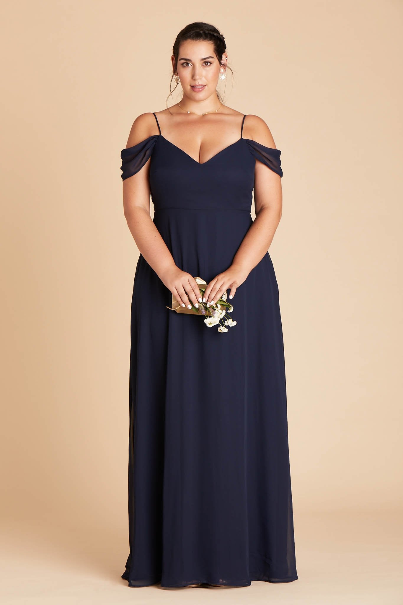 Devin convertible plus size bridesmaids dress in navy blue chiffon by Birdy Grey, front view
