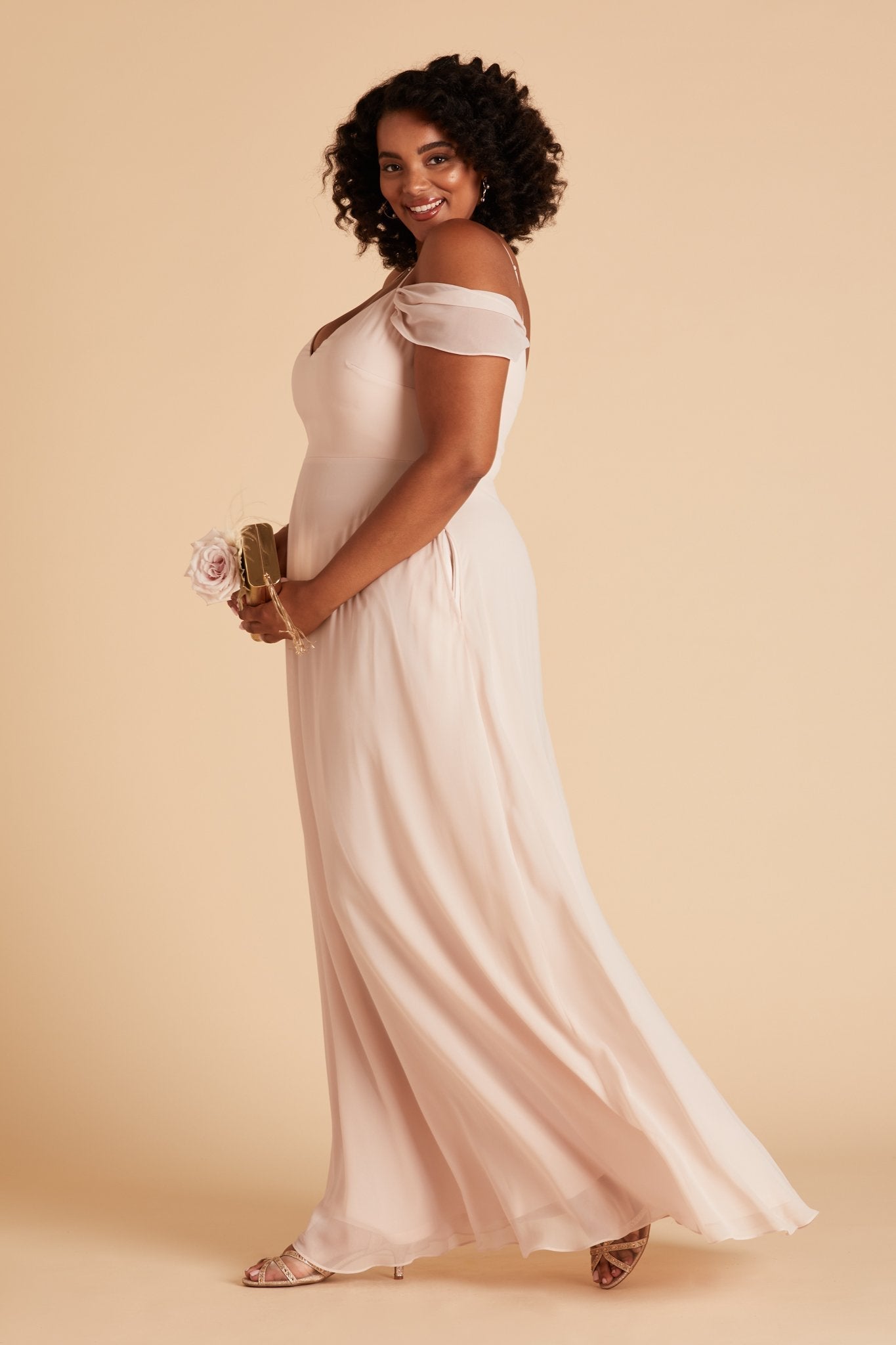 Devin convertible plus size bridesmaids dress in pale blush chiffon by Birdy Grey, side view