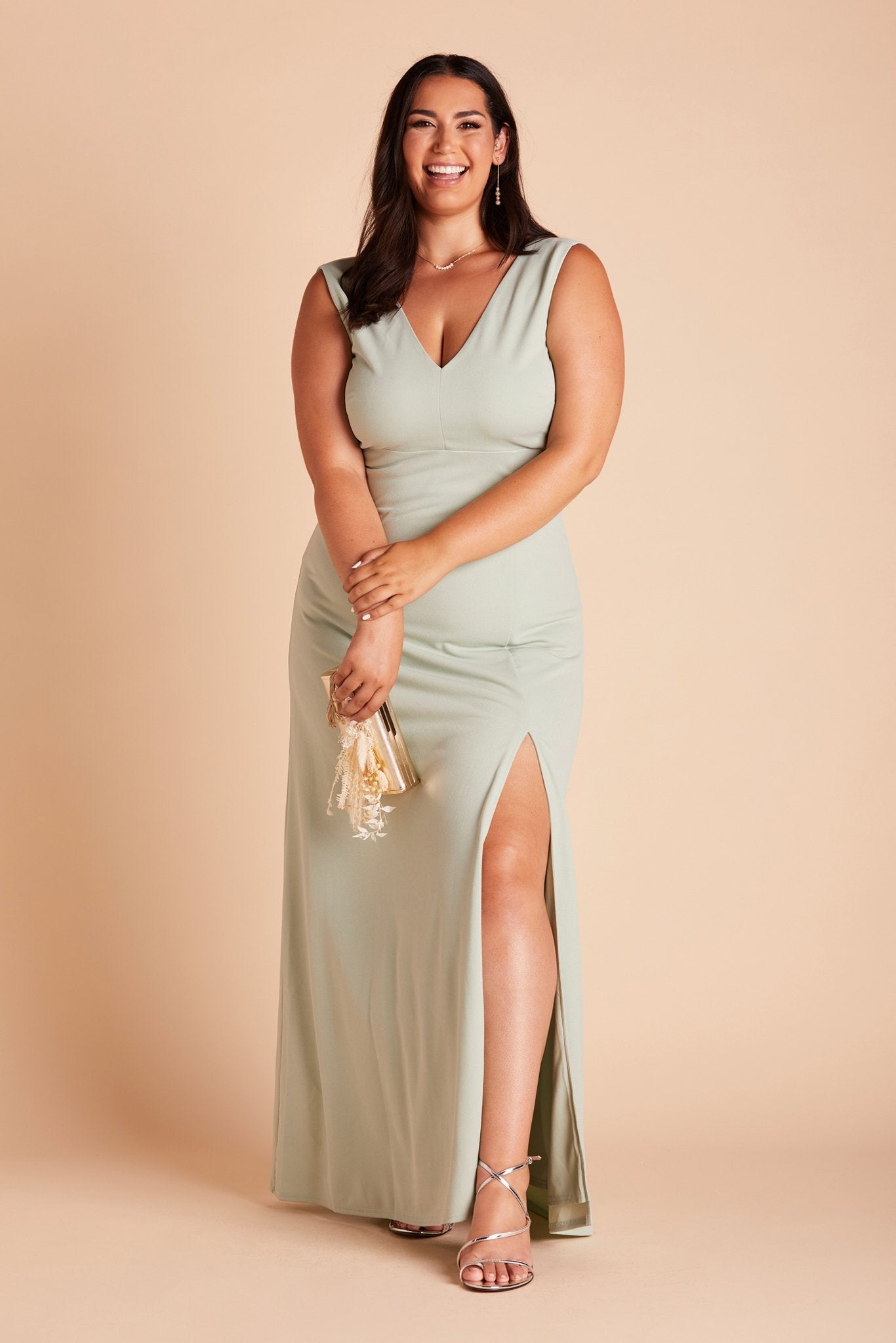 Shamin plus size bridesmaid dress with slit in sage green crepe by Birdy Grey, front view