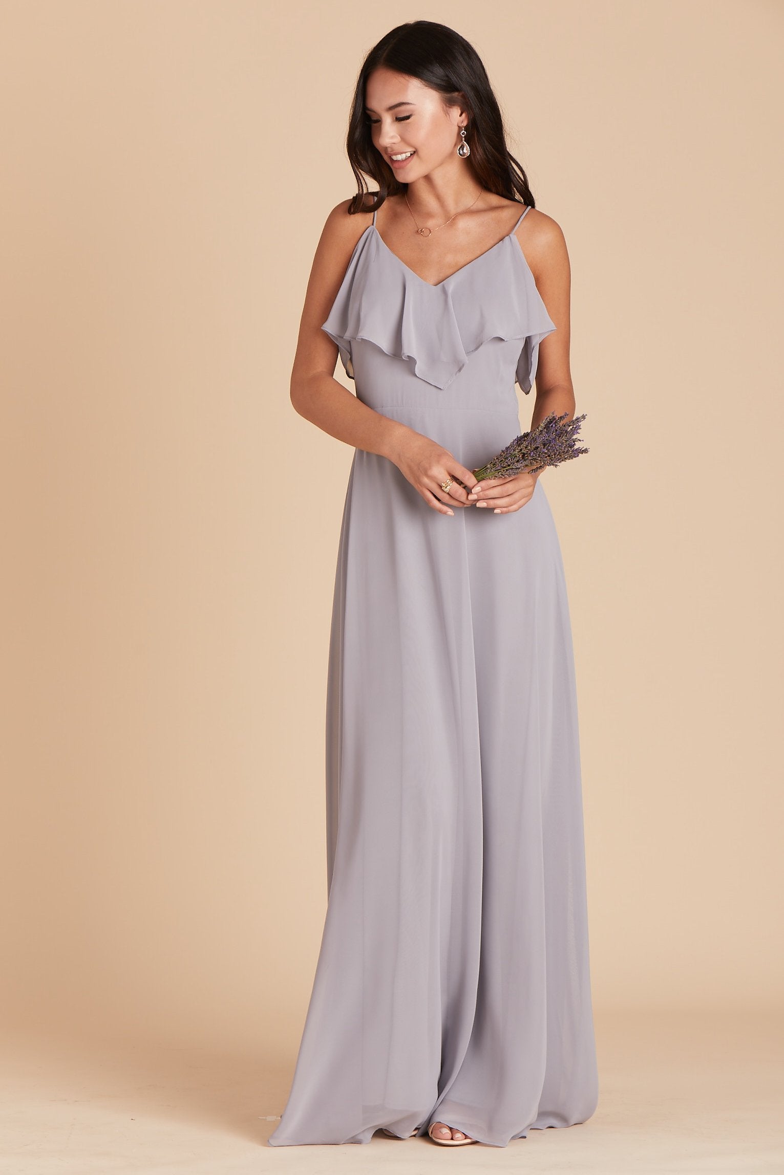 Jane convertible bridesmaid dress in silver chiffon by Birdy Grey, front view
