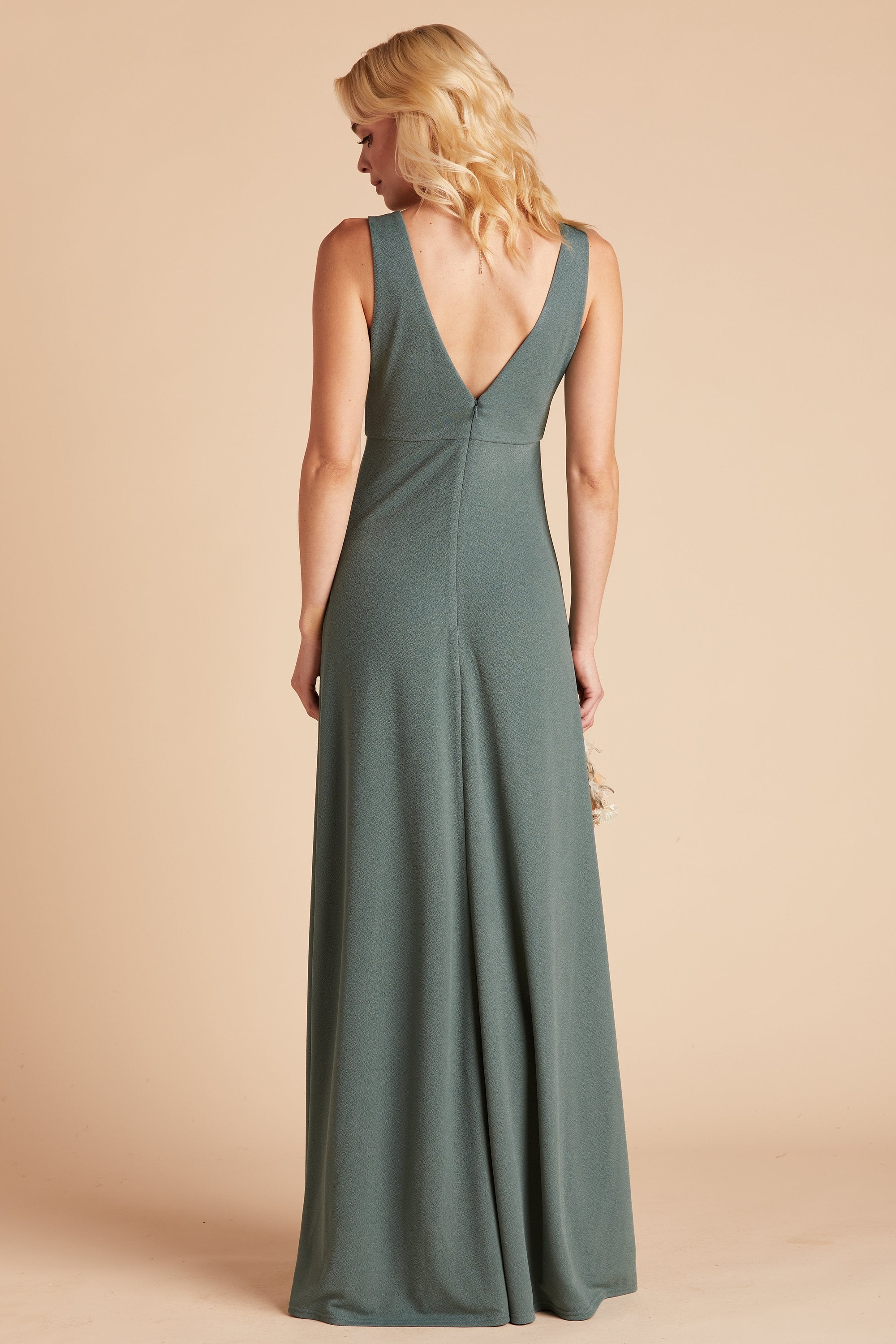 Shamin bridesmaid dress with slit in sea glass green crepe by Birdy Grey, back view
