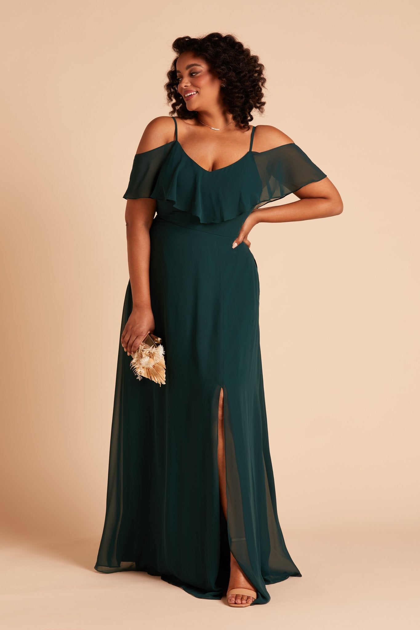 Jane convertible plus size bridesmaid dress with slit in emerald green chiffon by Birdy Grey, front view
