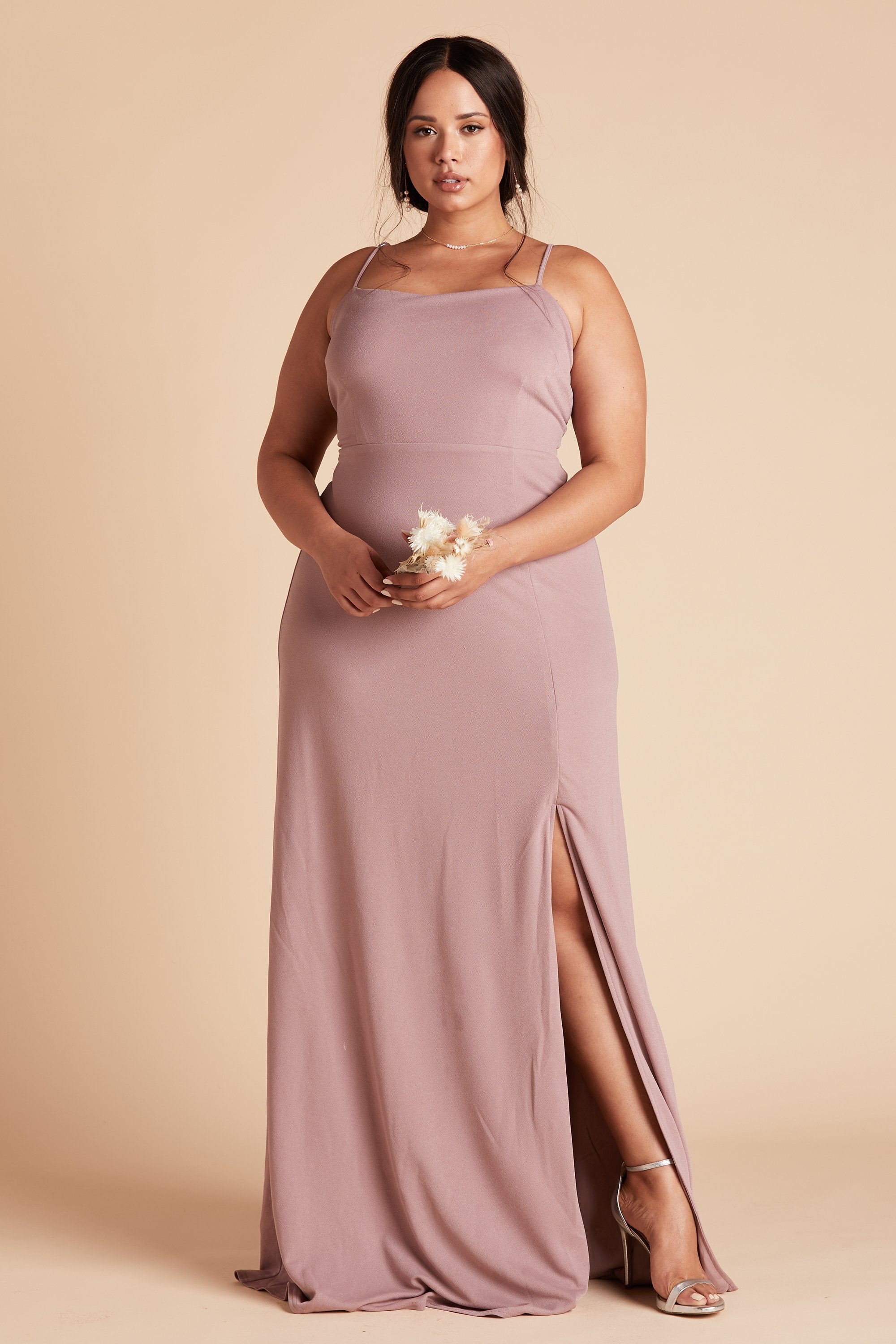 Benny plus size bridesmaid dress with slit in dark mauve crepe by Birdy Grey, front view