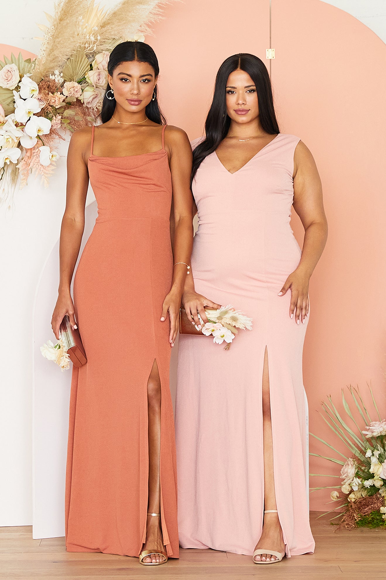 Ash Cowl Neck Bridesmaid Dress with Slit in Crepe Terracotta