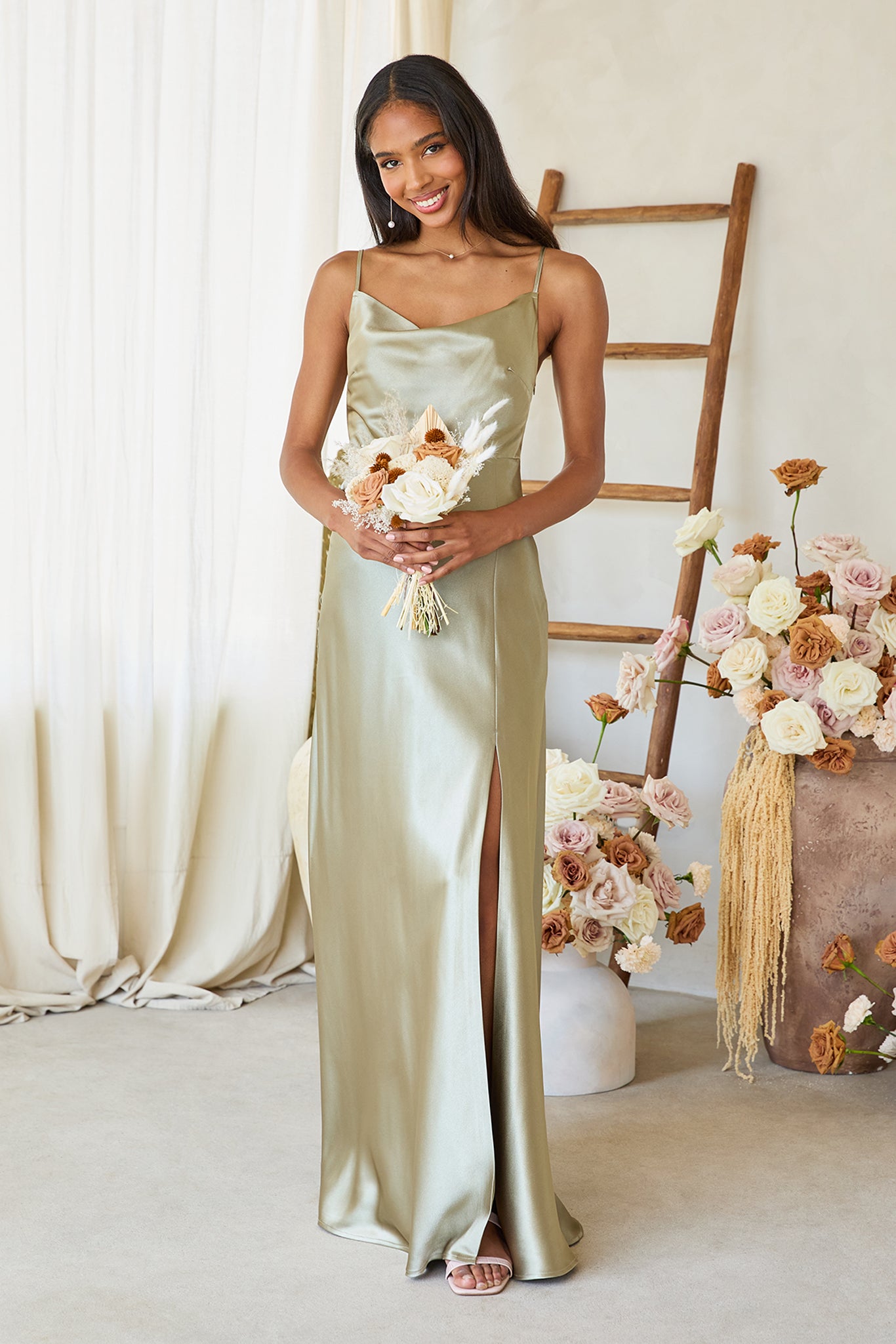 Lisa long bridesmaid dress with slit in Moss Green satin by Birdy Grey, front view
