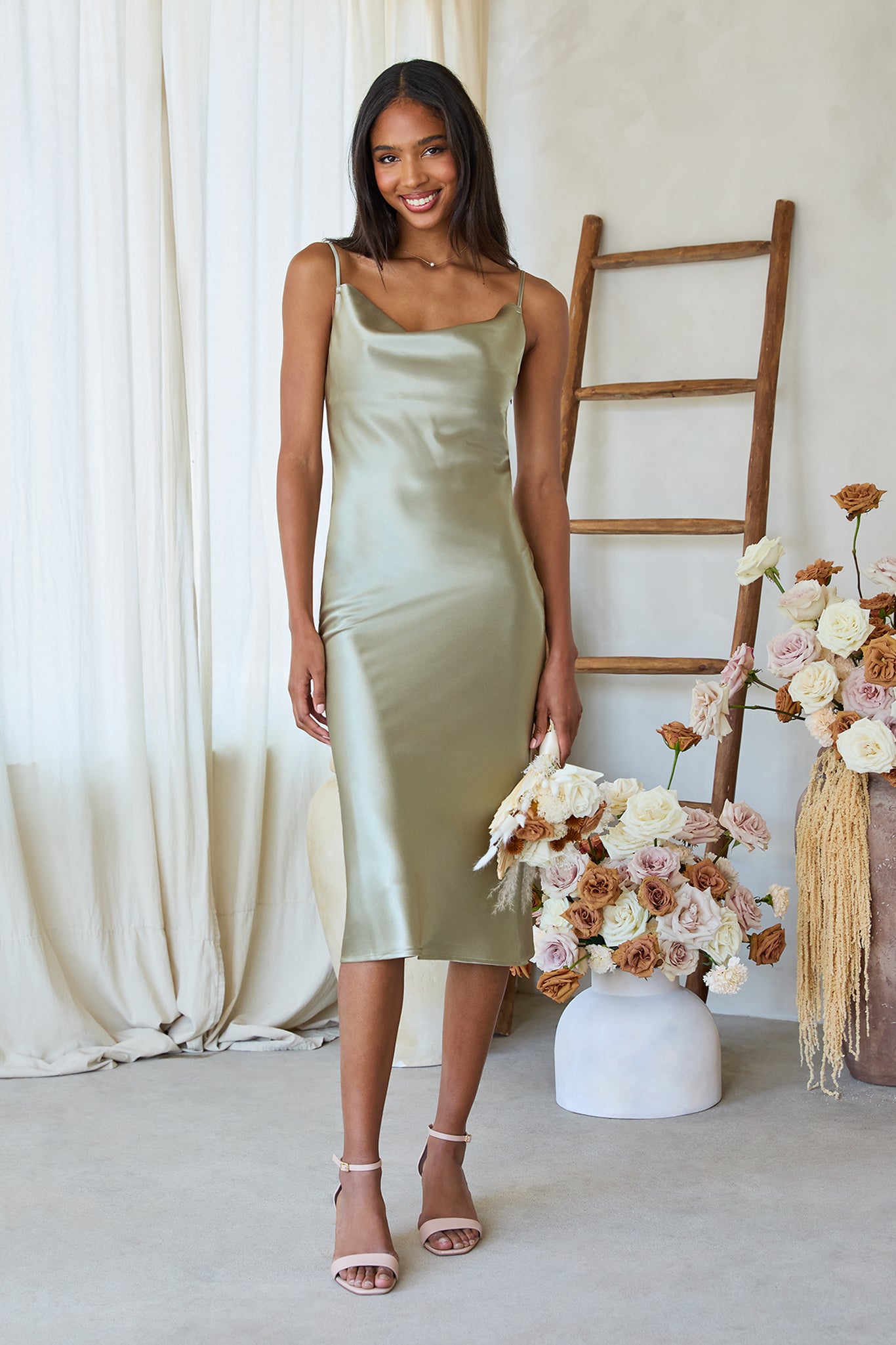 Lisa midi bridesmaid dress in moss green satin by Birdy Grey, front view