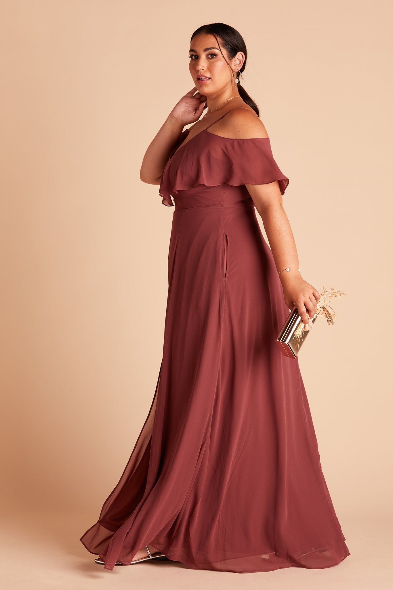 Jane convertible plus size bridesmaid dress with slit in rosewood chiffon by Birdy Grey, side view