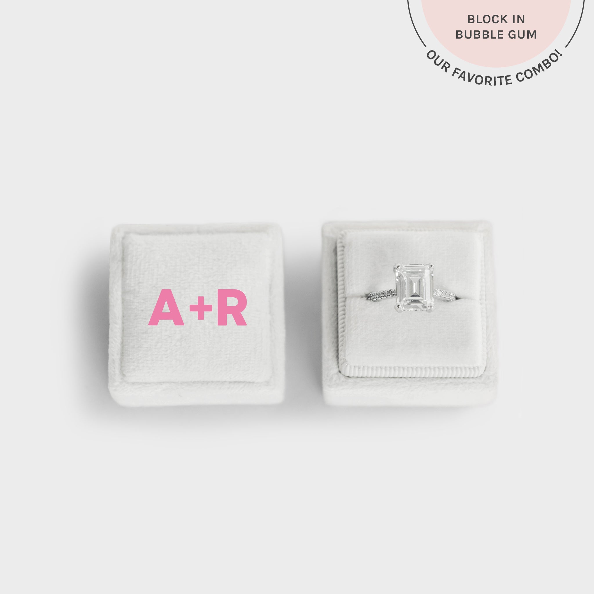 Ivory Velvet Ring Box with pink lettering personalization by Birdy Grey