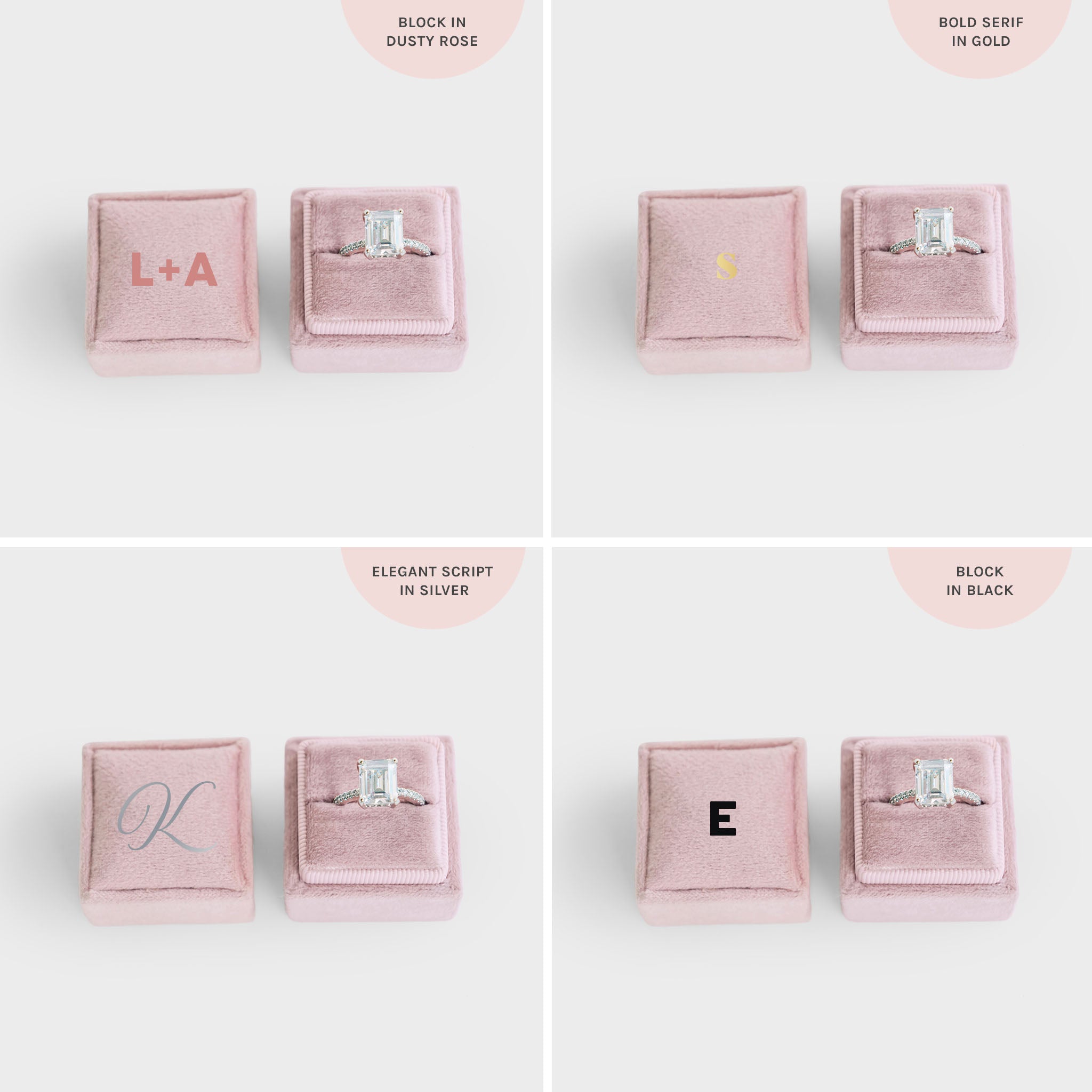 Rose Pink Velvet Ring Box with personalization in Dusty Rose, Gold, Silver, Black lettering by Birdy Grey