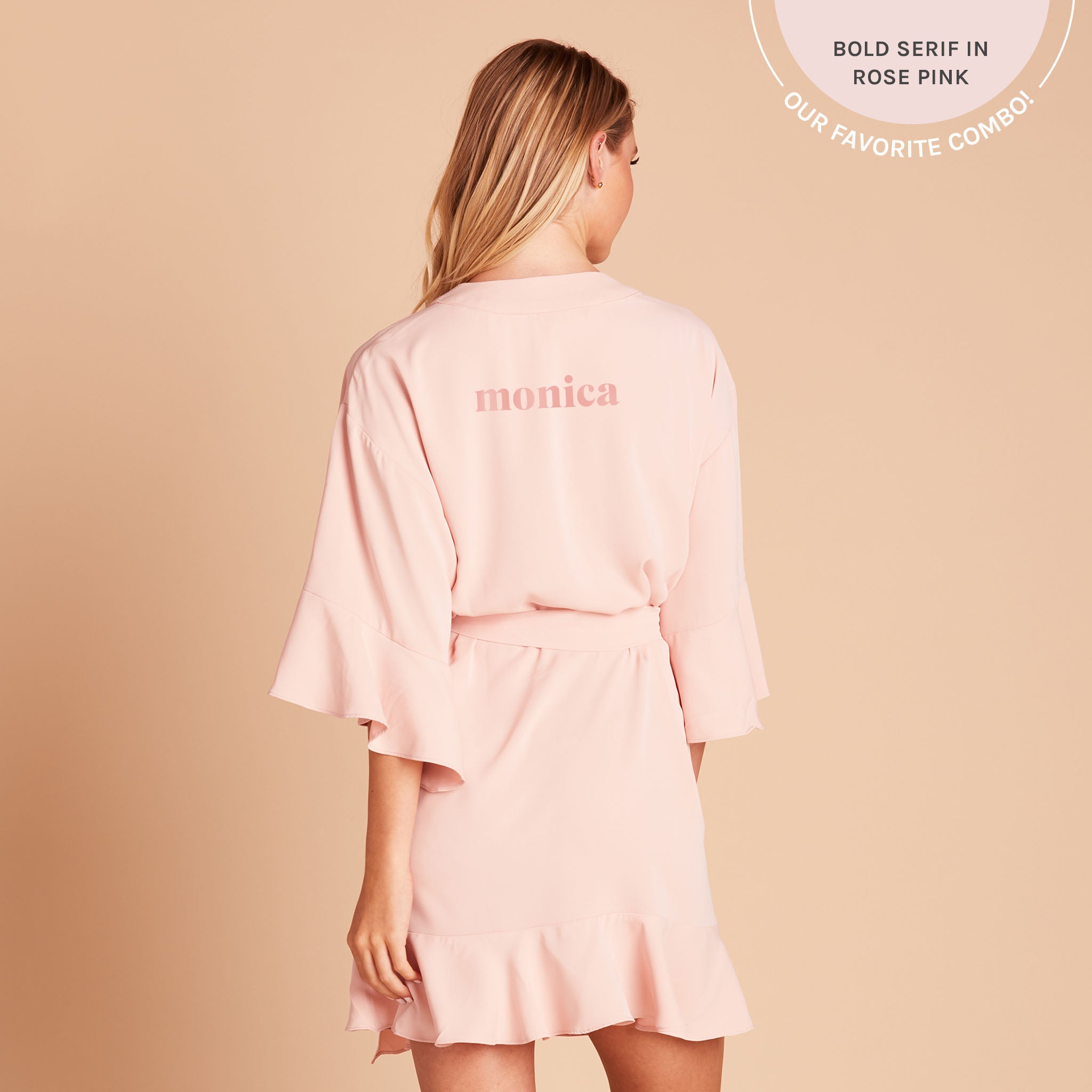 Kenny Ruffle Robe in blush pink by Birdy Grey, back view