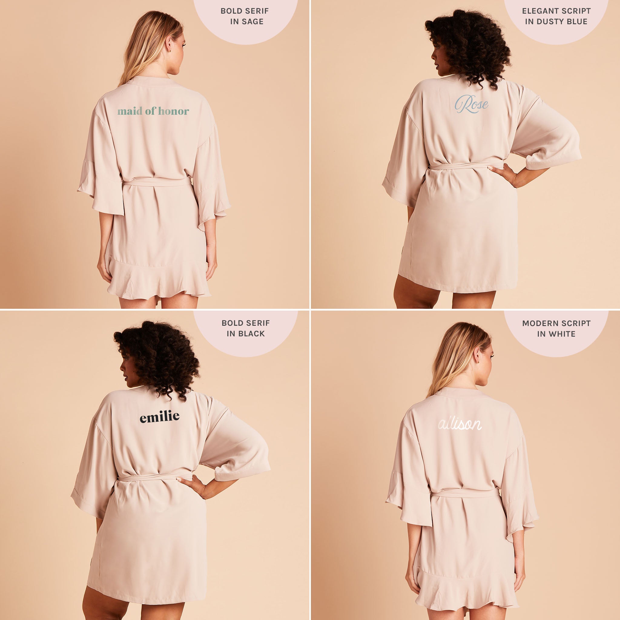 Back view of four images showing the Karen Robe in taupe and the appearance of the following personalizations on the robe backs: 